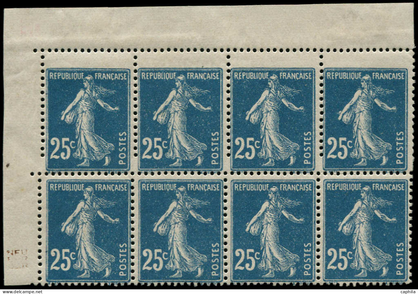 ** FRANCE - Poste - 140, Bloc De 8, Dont 4 Exemplaires Piquage Décalé, Timbres Plus Grands: 25c. Semeuse Bleu - Unused Stamps