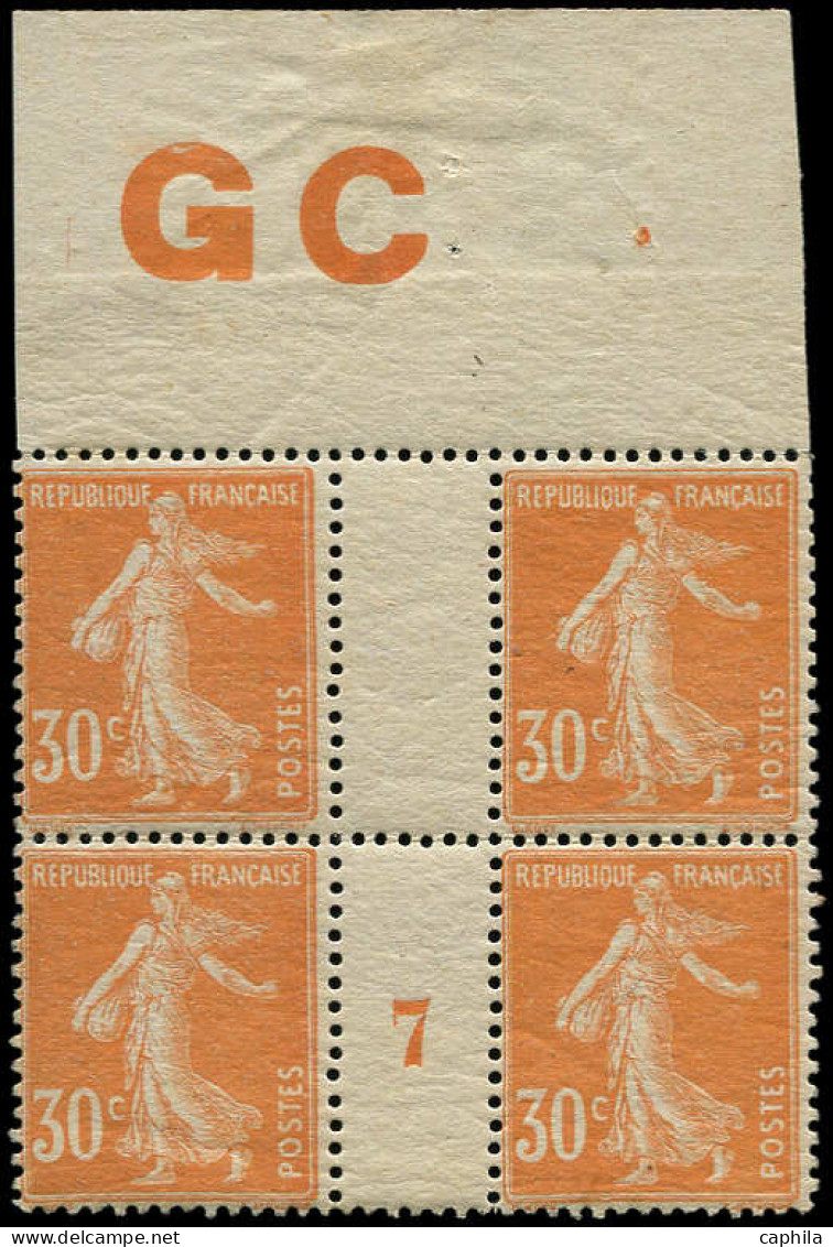 ** FRANCE - Poste - 141, Bloc De 4, Millésime "7", Manchette GC Blanc: 30c. Semeuse Orange - Unused Stamps