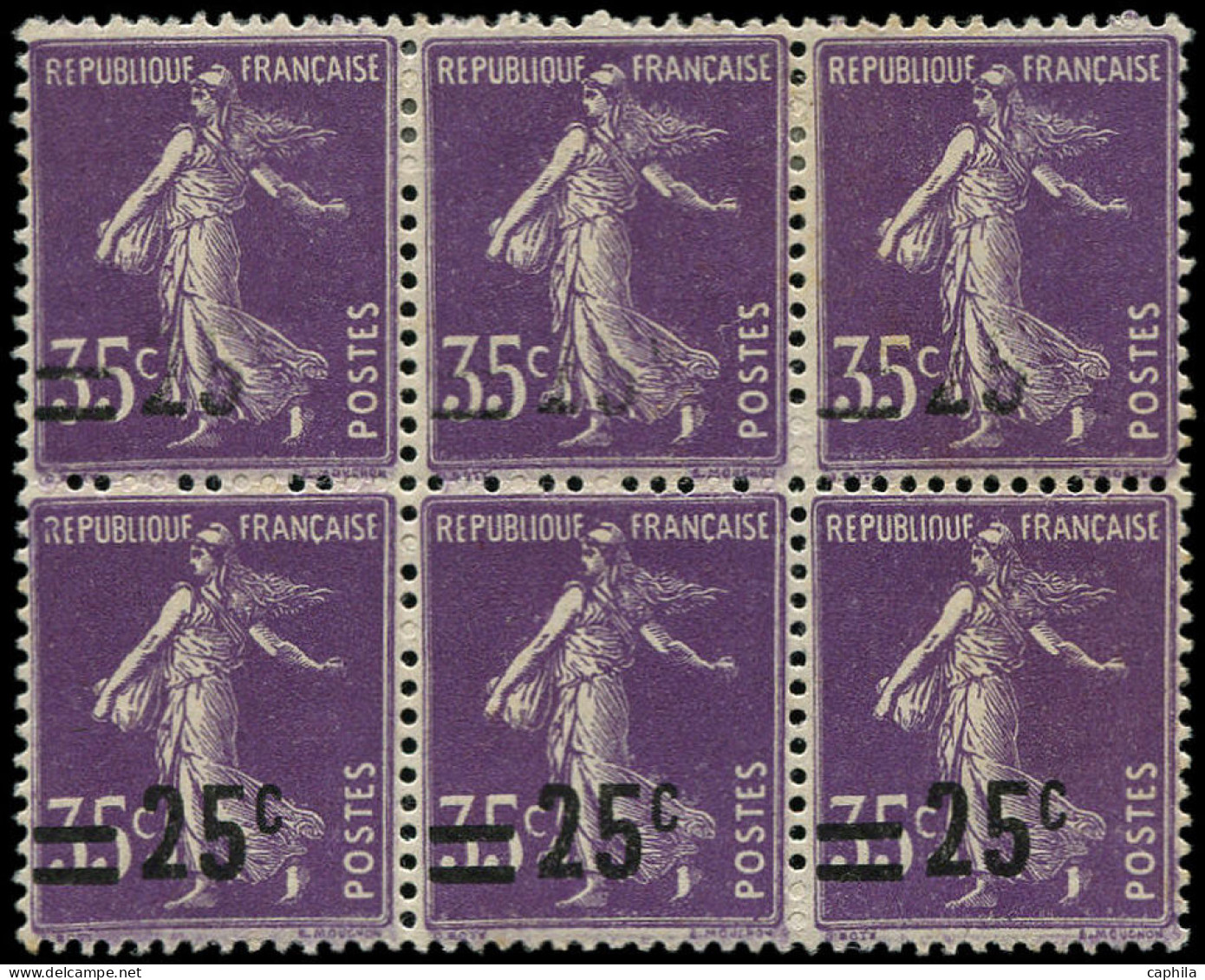 * FRANCE - Poste - 218, Bloc De 6, 3 Ex. Surcharges Incomplètes Dont 2 Quasi Absentes, Signé JF Brun: 25c. S. 35c. Viole - Unused Stamps