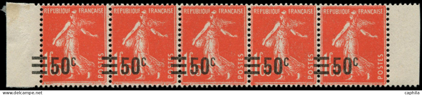 ** FRANCE - Poste - 225, Bande De 5 Surcharge à Cheval: 50c. S. 1.05f. Semeuse Vermillon - Neufs
