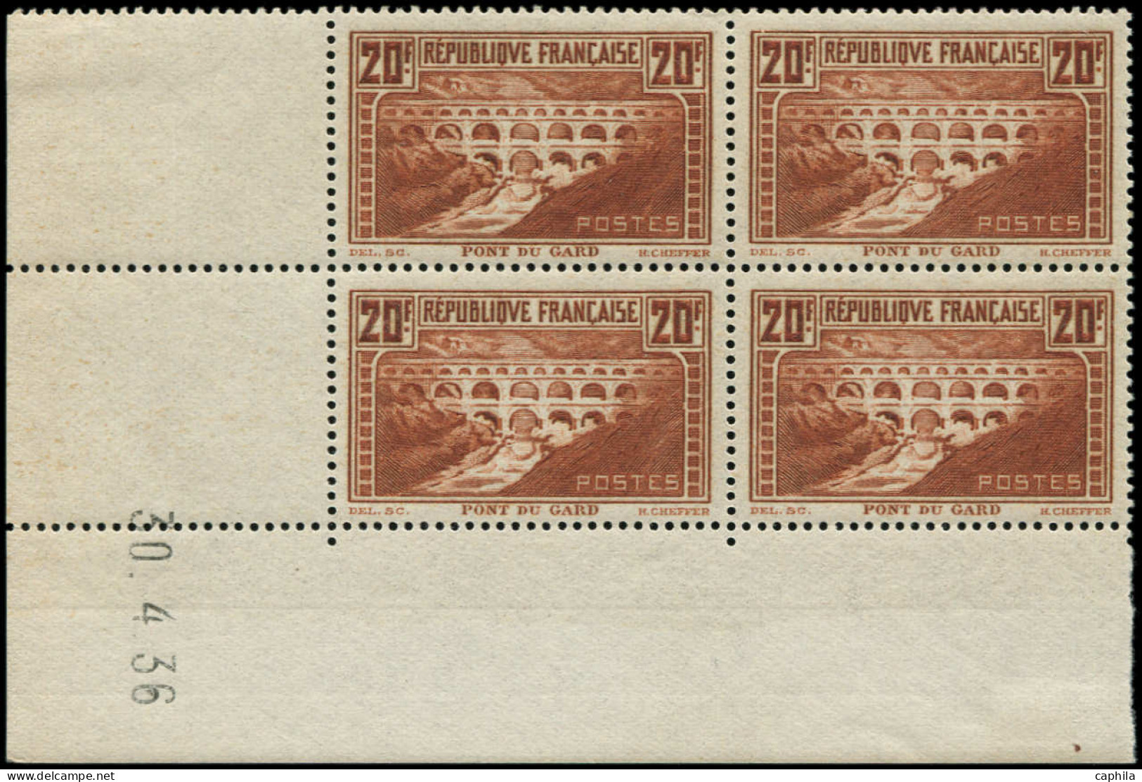 ** FRANCE - Poste - 262, Type IIB, Bloc De 4, Cd 30/4/36, (* Sur Bdf): 20f. Pont Du Gard - Unused Stamps