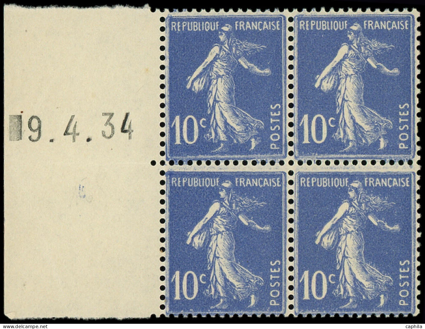 ** FRANCE - Poste - 279a, Type IV, Bloc De 4, Bdf Daté 19/4/34 (roulette): 10c. Semeuse Bleu - Unused Stamps