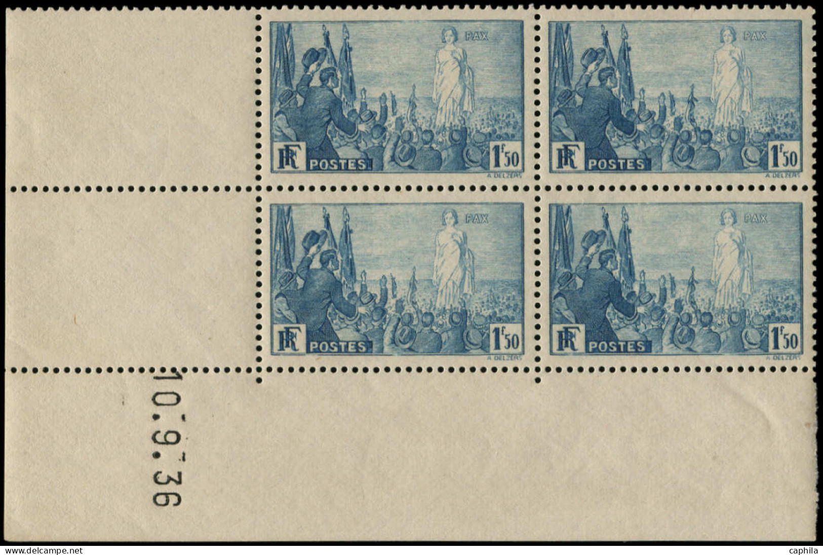 ** FRANCE - Poste - 328, Bloc De 4 Coin Daté 10/9/36: 1.25f. La Paix - Unused Stamps