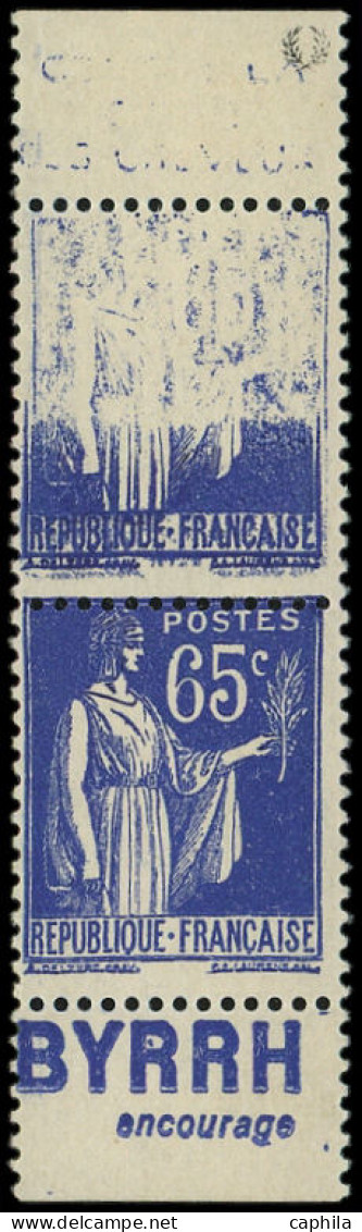 ** FRANCE - Poste - 365a, Paire De Carnet Dont 1 Ex Impression Partielle (pub Haut *): 65c. Bleu Paix - Unused Stamps