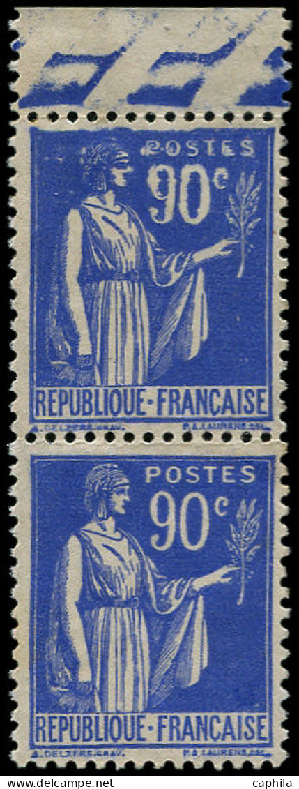 ** FRANCE - Poste - 368, En Paire, 1 Exemplaire Chiffres Et Tête "brouillés", Signée Calves: 90c. Paix - Unused Stamps