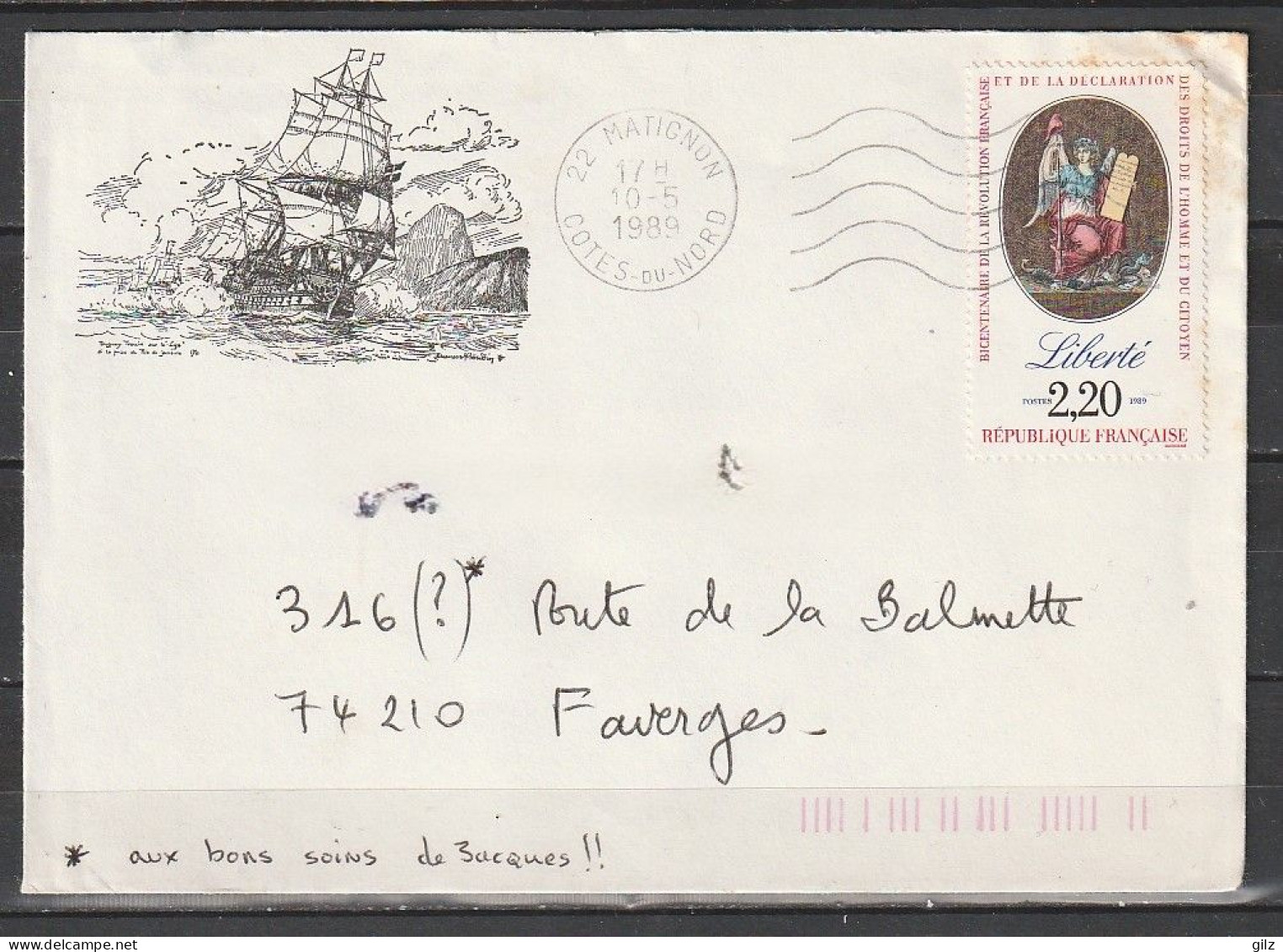 France N° 2573(2,20 Droits De L'homme Liberté)Matignon Cote Du Nord --->faverges H.Savoie Cachet Du 10.05.1989 - 1961-....