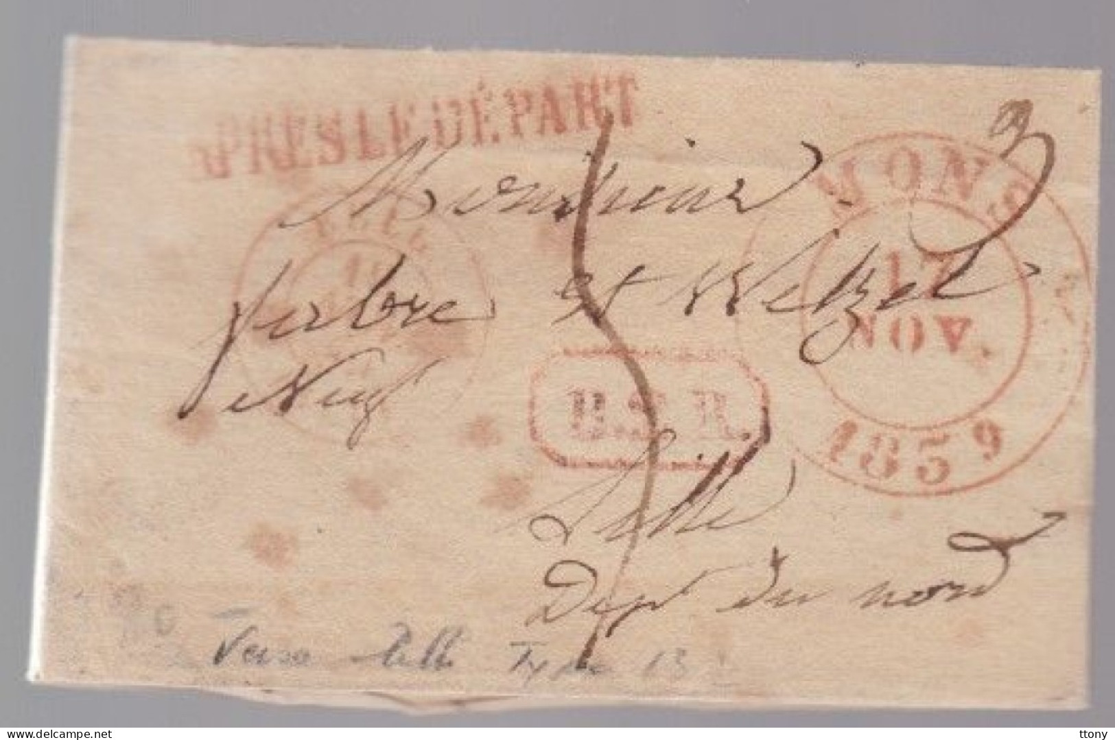 Une Lettre Dite Précurseur Belgique Mons  17  Novembre   1859 Après Le Départ    Destination Lille - Sonstige & Ohne Zuordnung