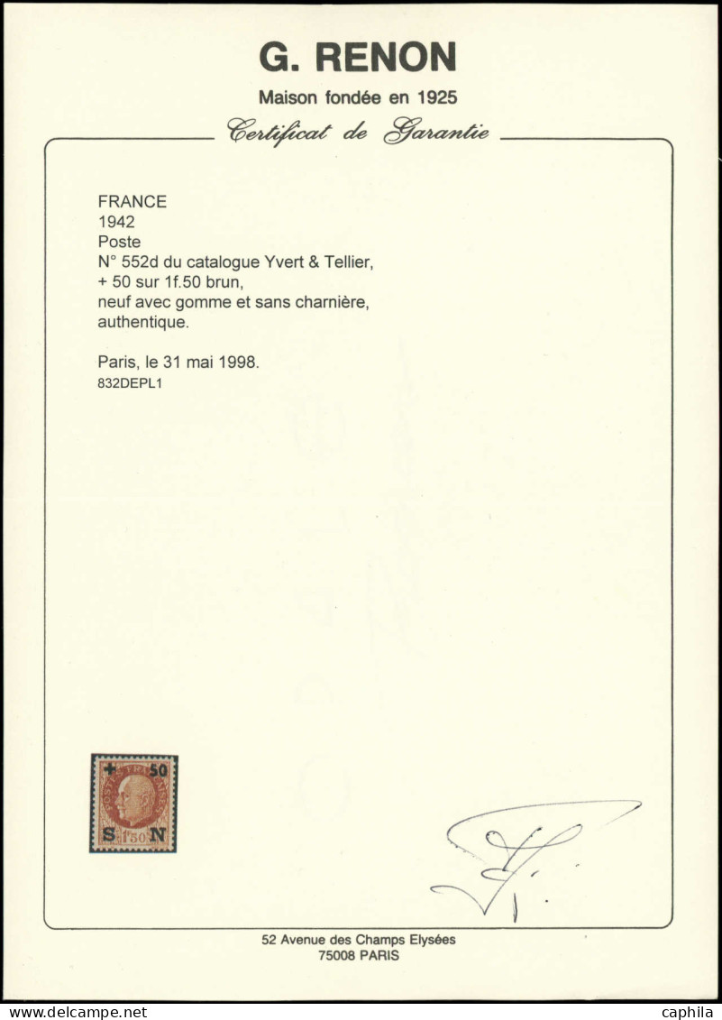 ** FRANCE - Poste - 552d, En Brun, Surcharge Noire, Certificat Renon: + 50 Sur 1.50f. Pétain - Ongebruikt