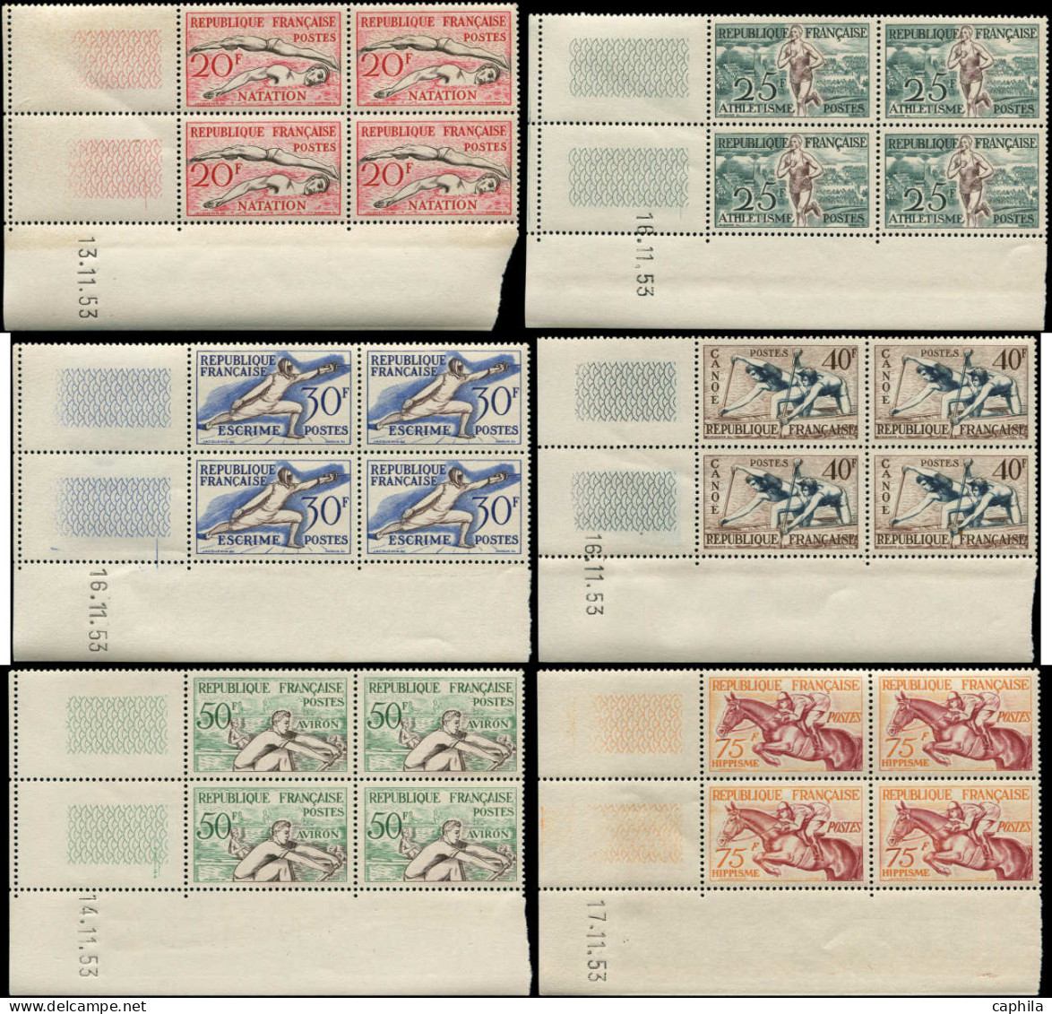 ** FRANCE - Poste - 960/65, 6 Blocs De 4 CD 1953: Série Hippisme - Unused Stamps