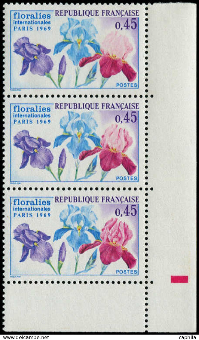 ** FRANCE - Poste - 1597, Bande De 3, 2 Exemplaires Fleurs Défectueuses: Floralies 1969 - Unused Stamps
