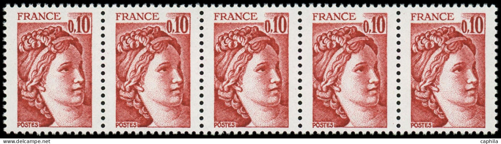 ** FRANCE - Poste - 1965b, Bande De 5 Horizontale, Sans Bande De Phosphore: 10c. Sabine Brun - Unused Stamps