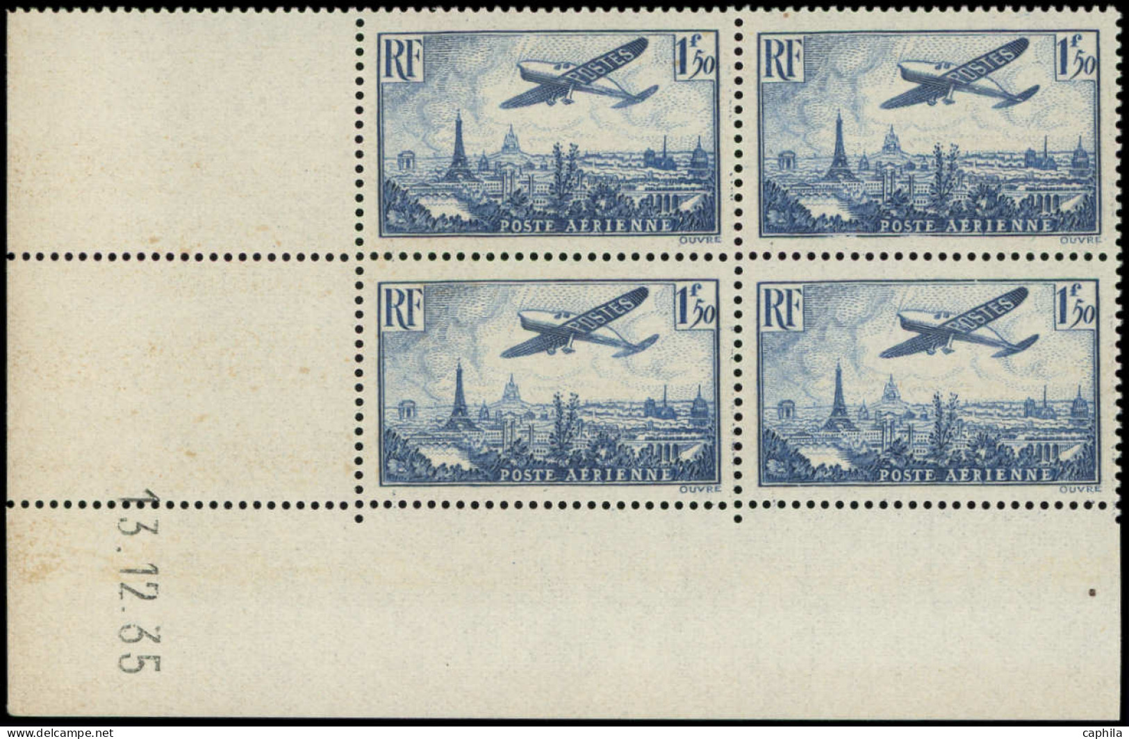 ** FRANCE - Poste Aérienne - 9, Bloc De 4 Cd 13/12/35 (légères Marques Brunes Sur Bdf): 1.50f. Bleu - 1927-1959 Mint/hinged
