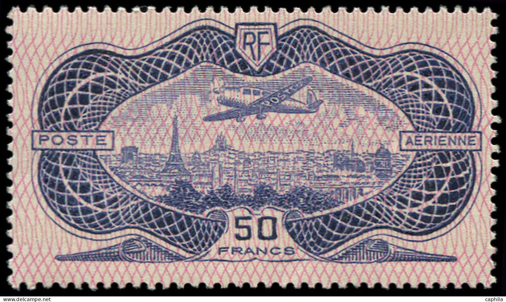 ** FRANCE - Poste Aérienne - 15b, Burelage Renversé, Signé Scheller: 50f. Burelé - 1927-1959 Mint/hinged
