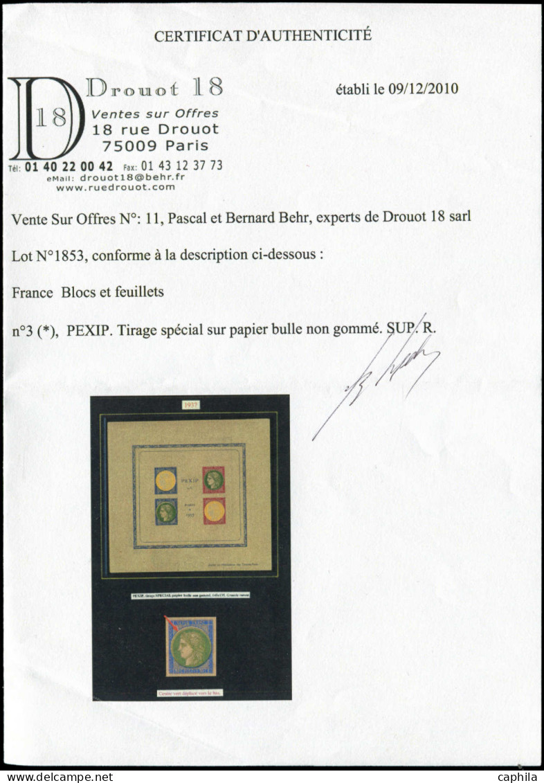 ESS FRANCE - Blocs Feuillets - 3 Essai Sur Papier Bulle, Non Dentelé, Couleurs Et Format Différents (certificat Behr), P - Other & Unclassified