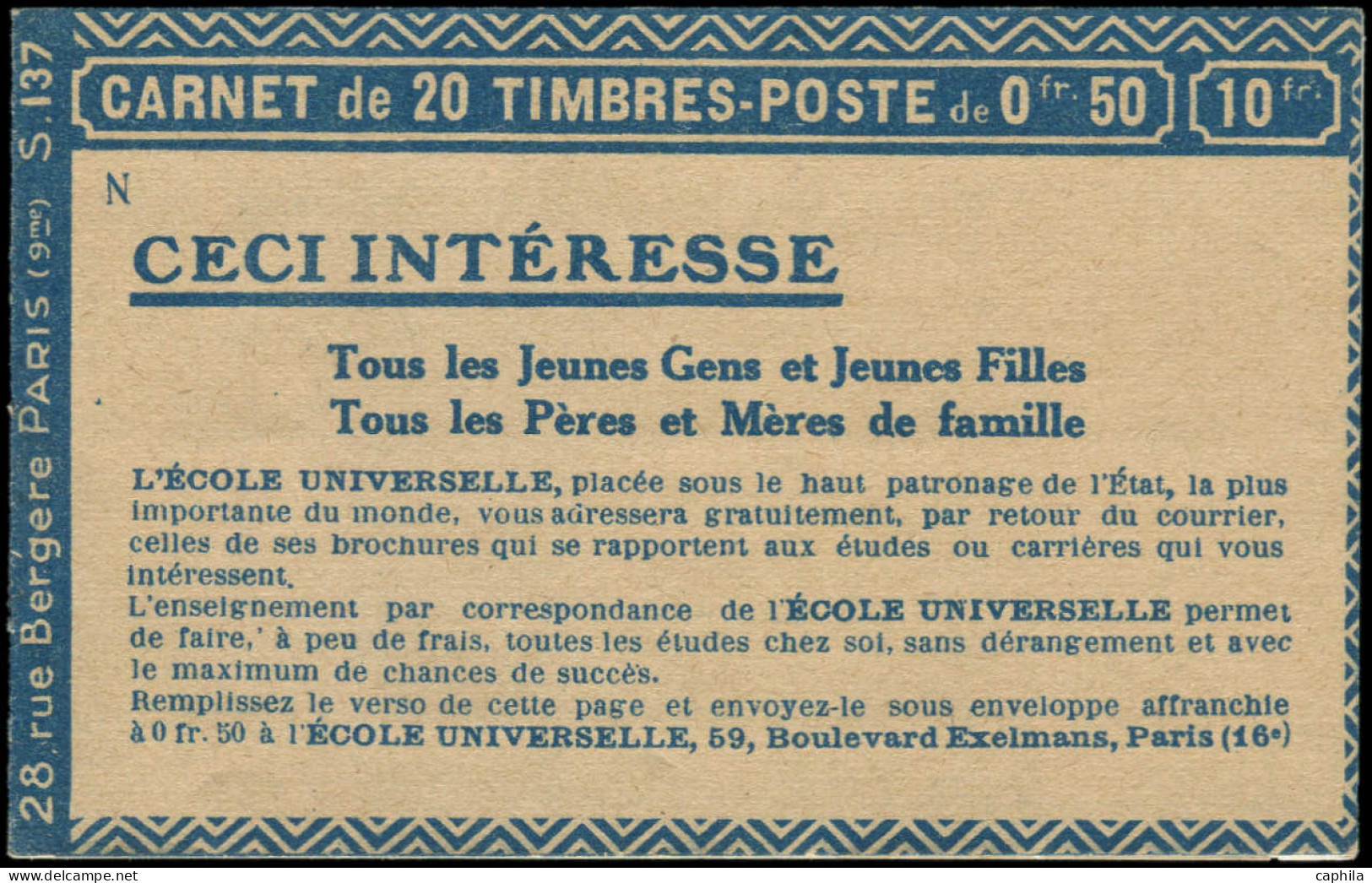 ** FRANCE - Carnets - 199-C3, Série 137 N, Cérès-EU, Très Légère Adhérence De Couverture: 50c. Semeuse Lignée, Evian 4 F - Autres & Non Classés