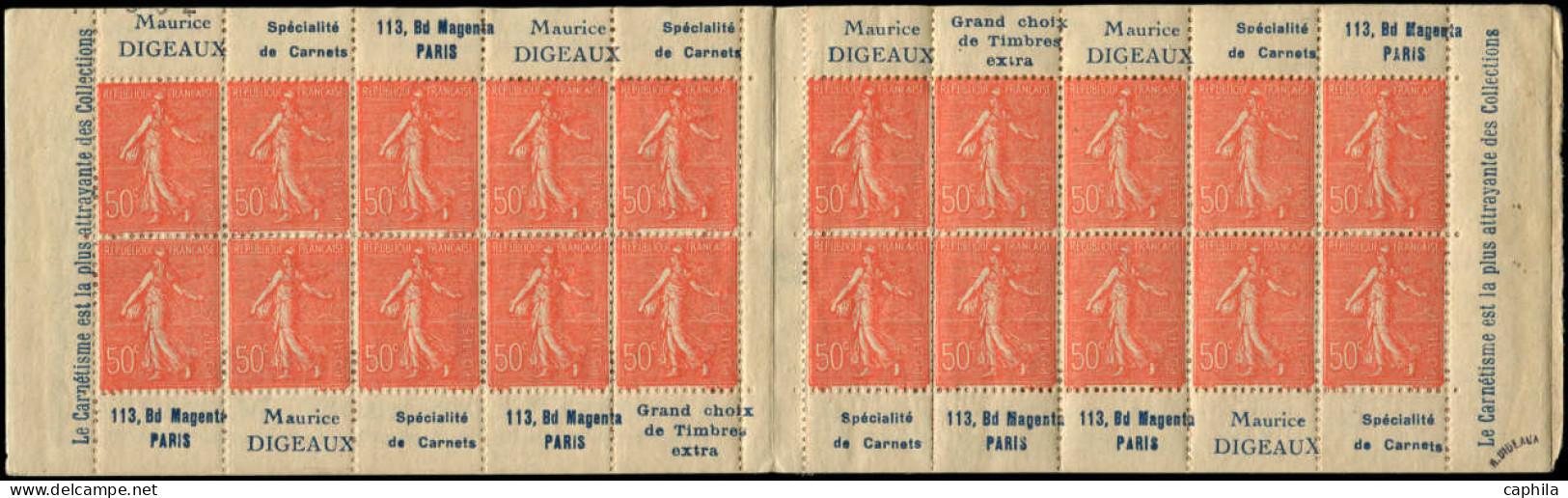 ** FRANCE - Carnets - 199-CP3, Série 167, Maurice Digeaux, Carnet De 20, Gomme Glacée: 50c. Semeuse Rouge - Autres & Non Classés