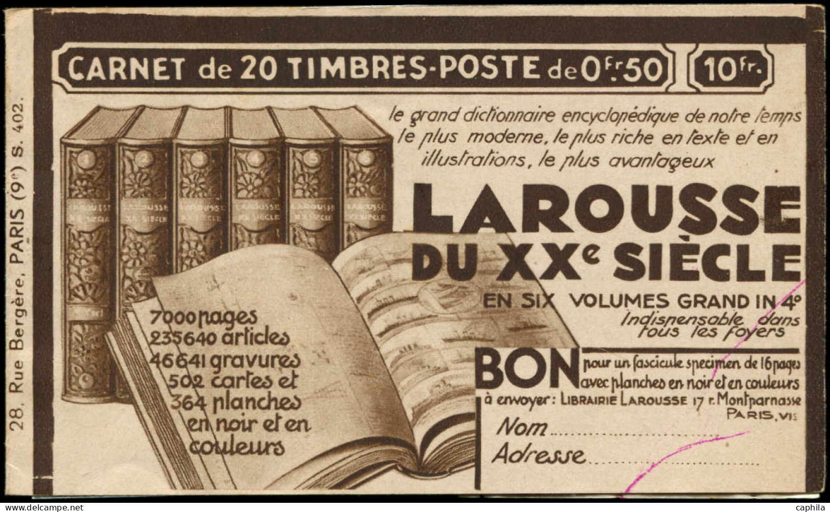 ** FRANCE - Carnets - 283-C67, Série 402, Larousse-EU, (trait De Stylo En C1): 50c. Paix, Tétra-Hahn-Blédine 2 Fois - Other & Unclassified