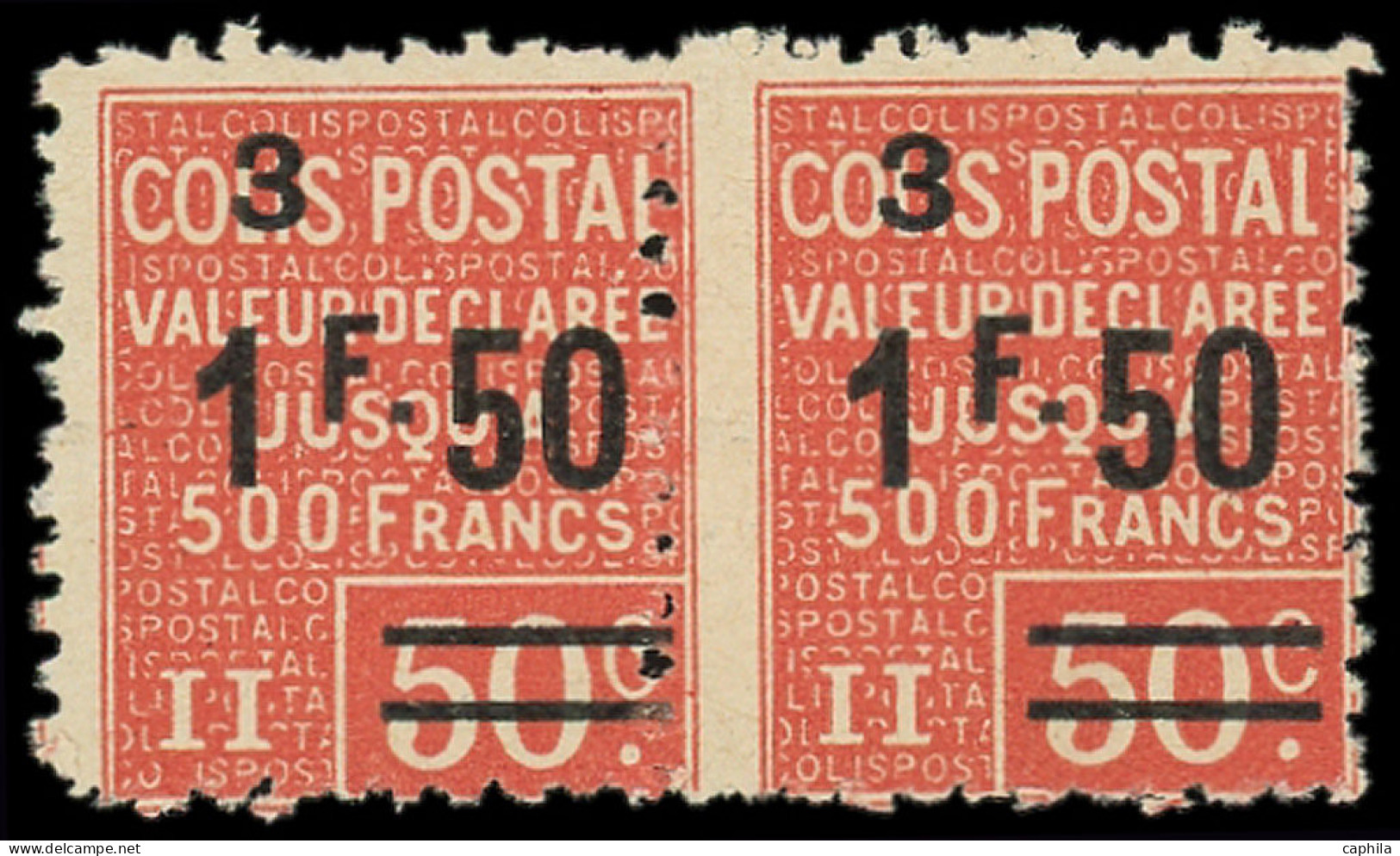 ** FRANCE - Colis Postaux - 62, Paire Horizontale, Piquage à Cheval: 1.50f. Sur 50c. Rouge - Ongebruikt