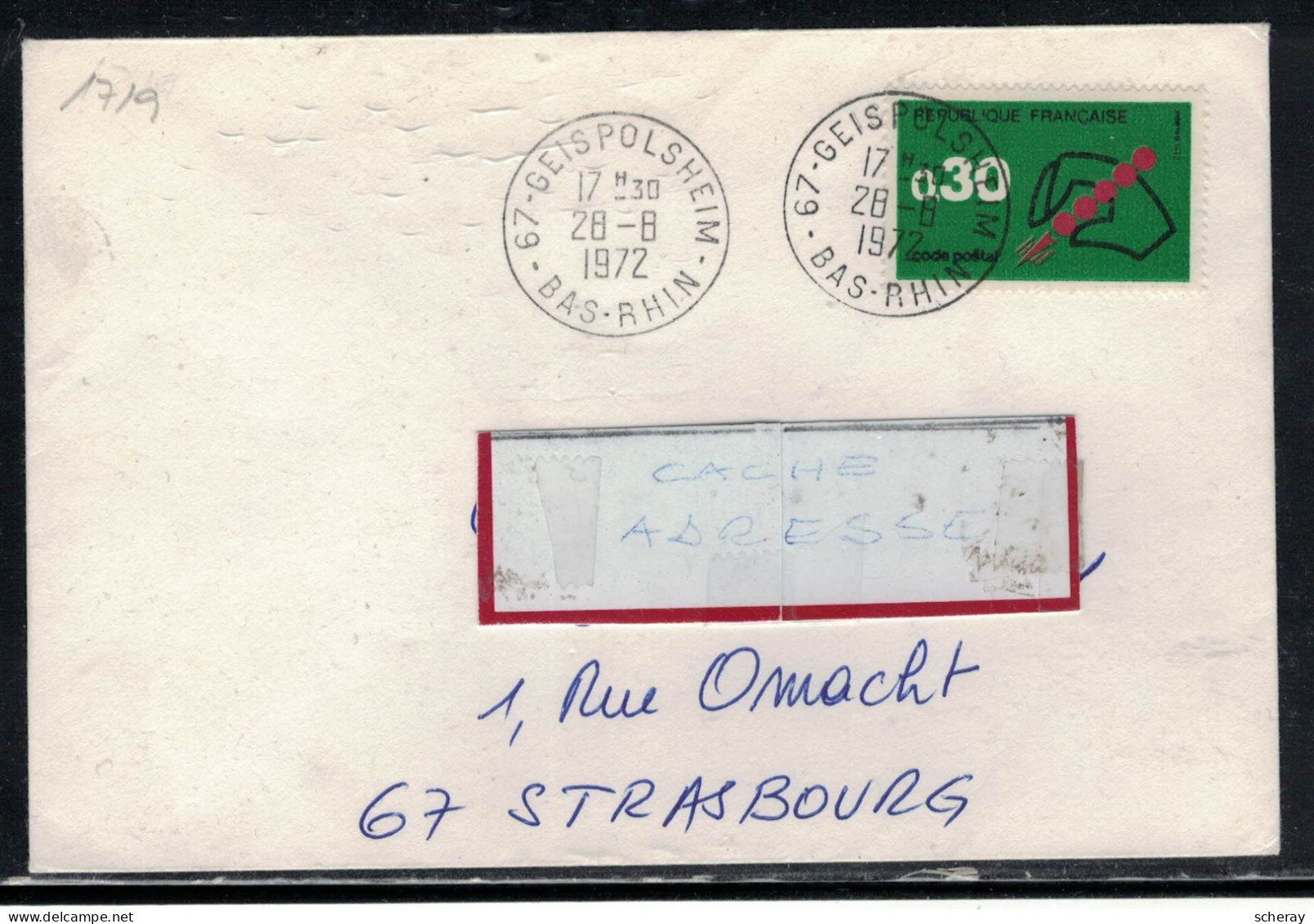 YT 1719 SSL/ 67 GEISPOLSHEIM CACHET MANUEL 28/8/1972 - Manual Postmarks