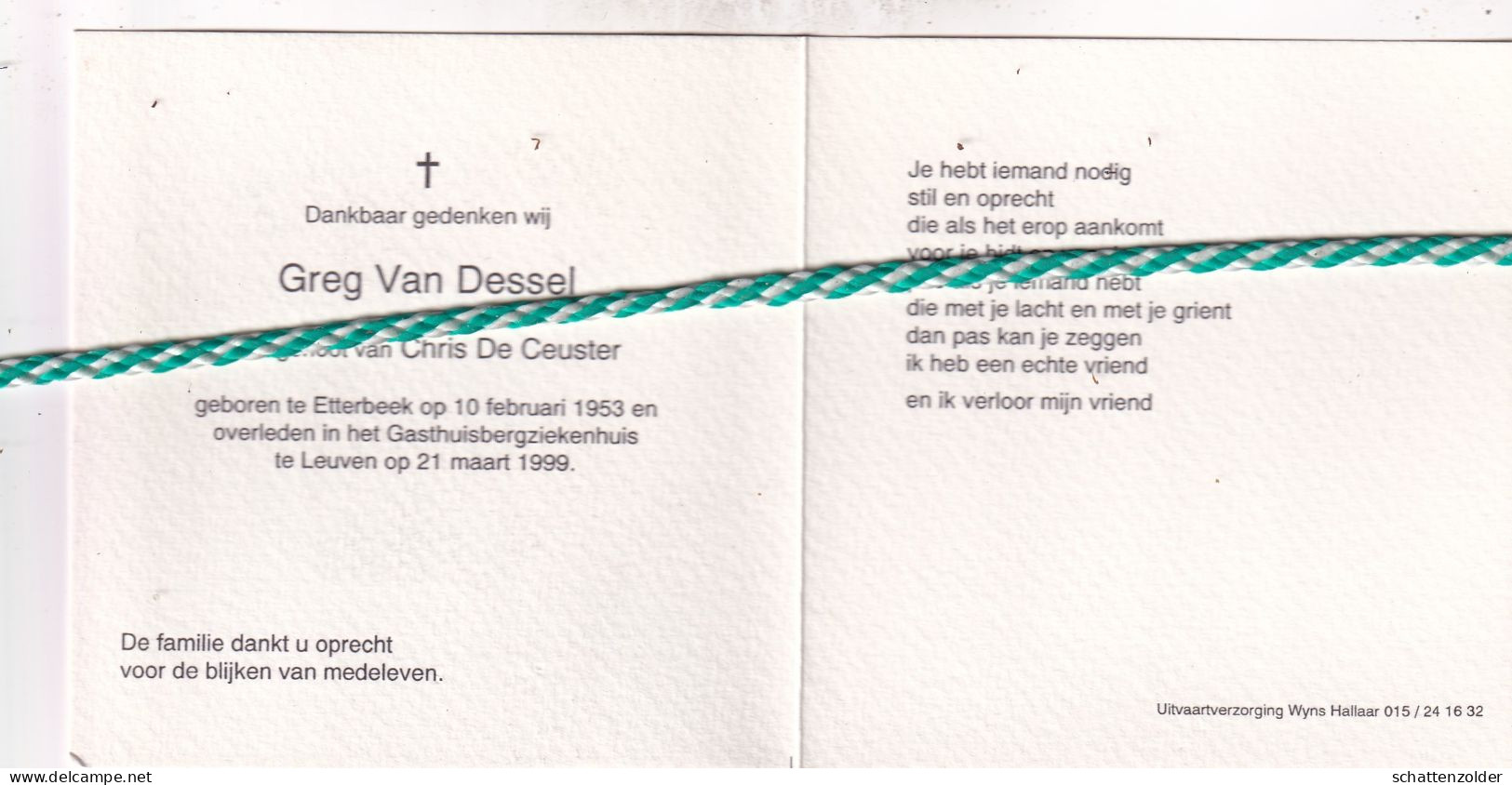 Greg Van Dessel-De Ceuster, Etterbeek 1953, Leuven 1999. Foto - Décès