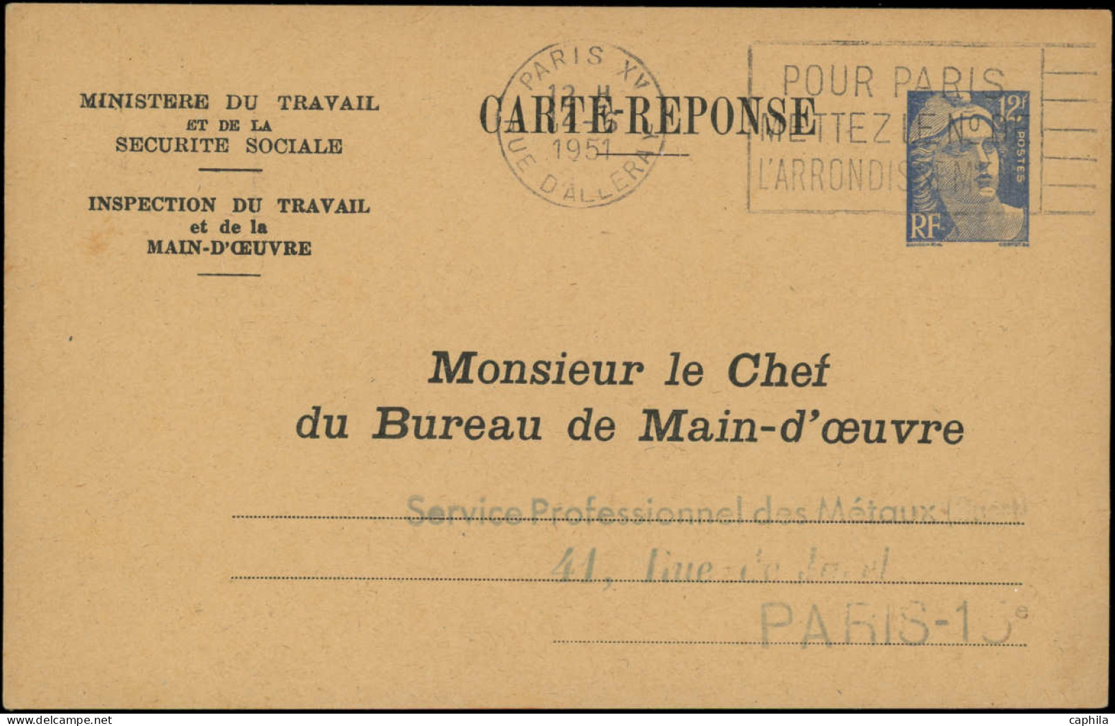 O FRANCE - Entiers Postaux - 812 CP1 Service Bureau De La Main D'œuvre 12f. Gandon Bleu, Grandes Lettres, Embauche Mascu - Autres & Non Classés