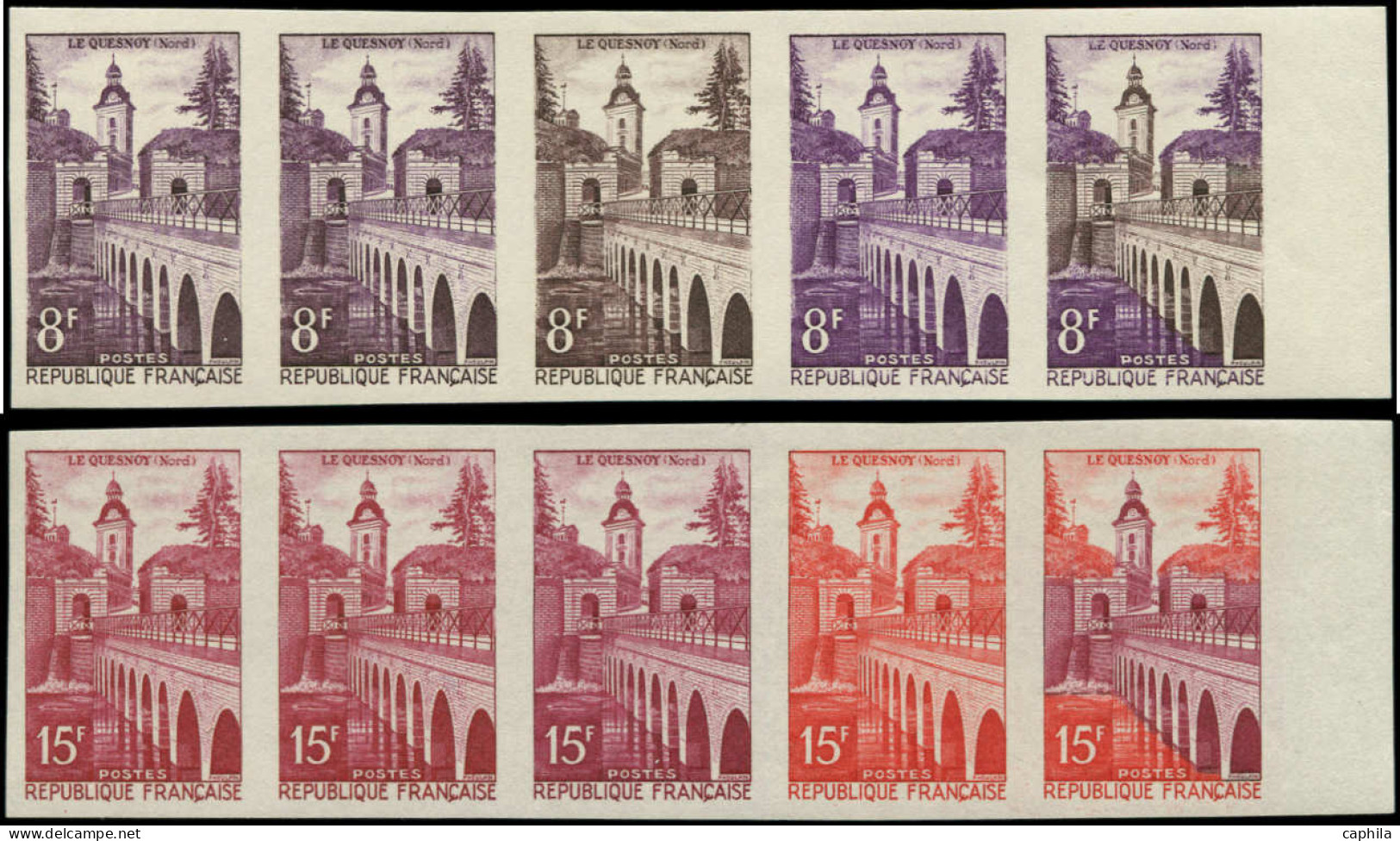 ** FRANCE - Essais De Couleurs - 1105/06, 2 Bandes De 5 Essais De Couleurs Différents Dont Polychromes: Le Quesnoy (Spin - Autres & Non Classés