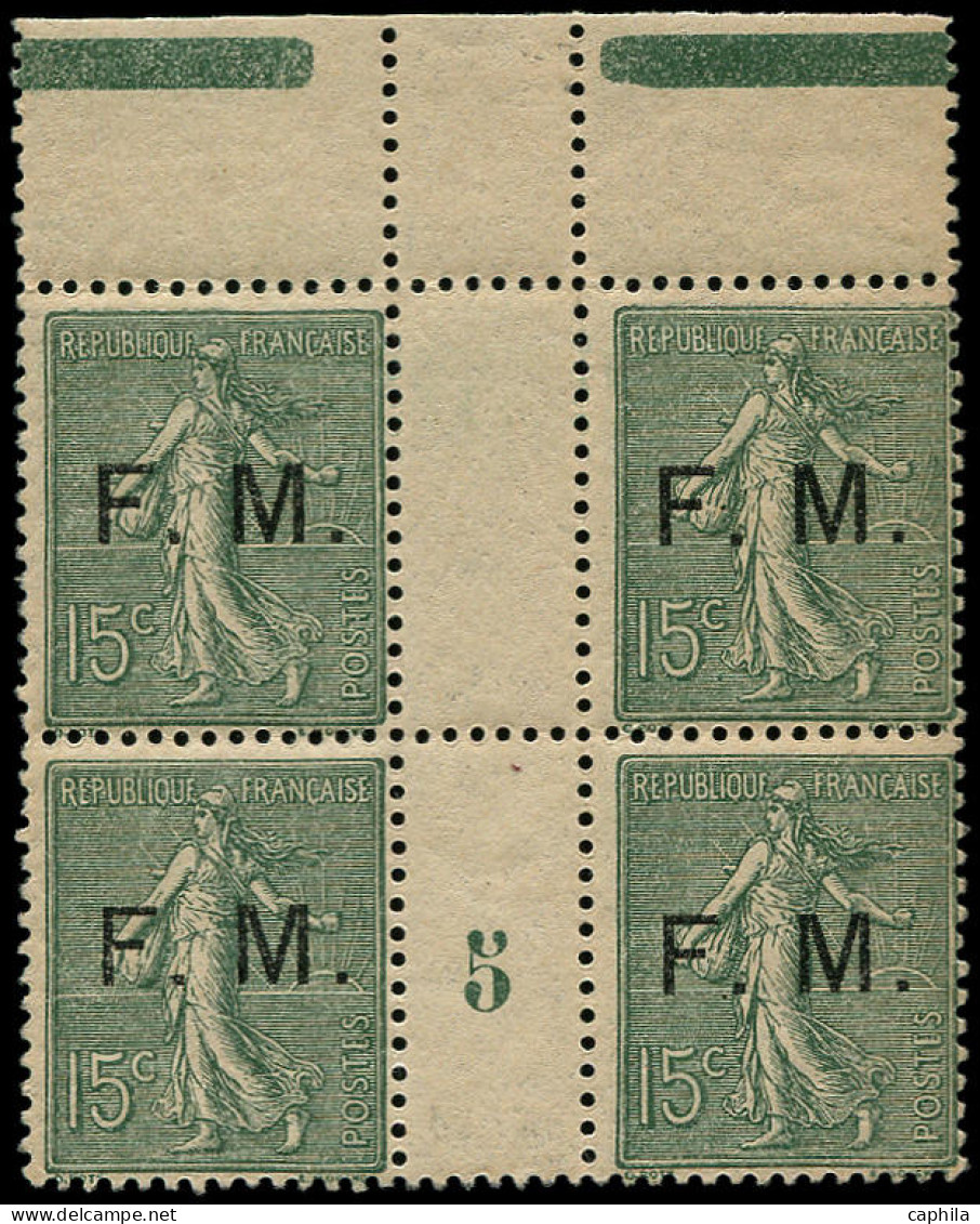 ** FRANCE - Franchise - 3, Bloc De 4 Millésime "5": 15c. Semeuse Vert-olive - Military Postage Stamps