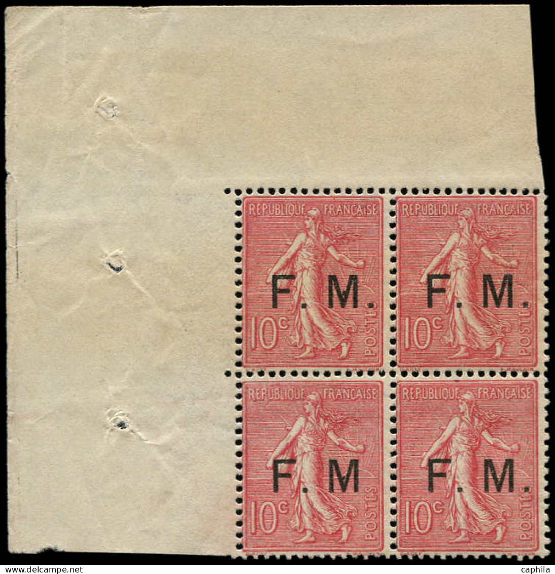 ** FRANCE - Franchise - 4a, Bloc De 4 Dont 1 Exemplaire "M" Sans Point: 10c. Semeuse Rose - Military Postage Stamps