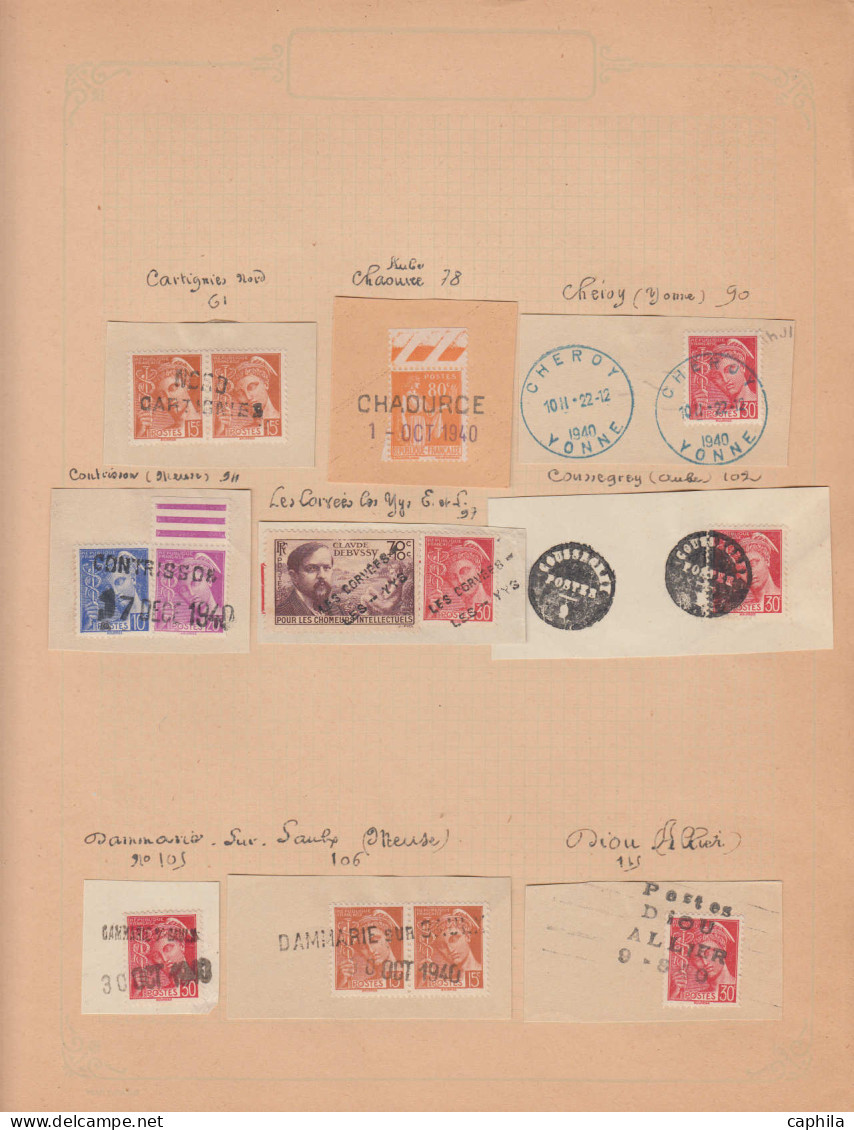 O FRANCE - Guerre - Oblitérations De Fortune 1940, Collection De 85 Pièces Civiles (1 Lettre), Sur Fragments, Classées P - Guerre (timbres De)