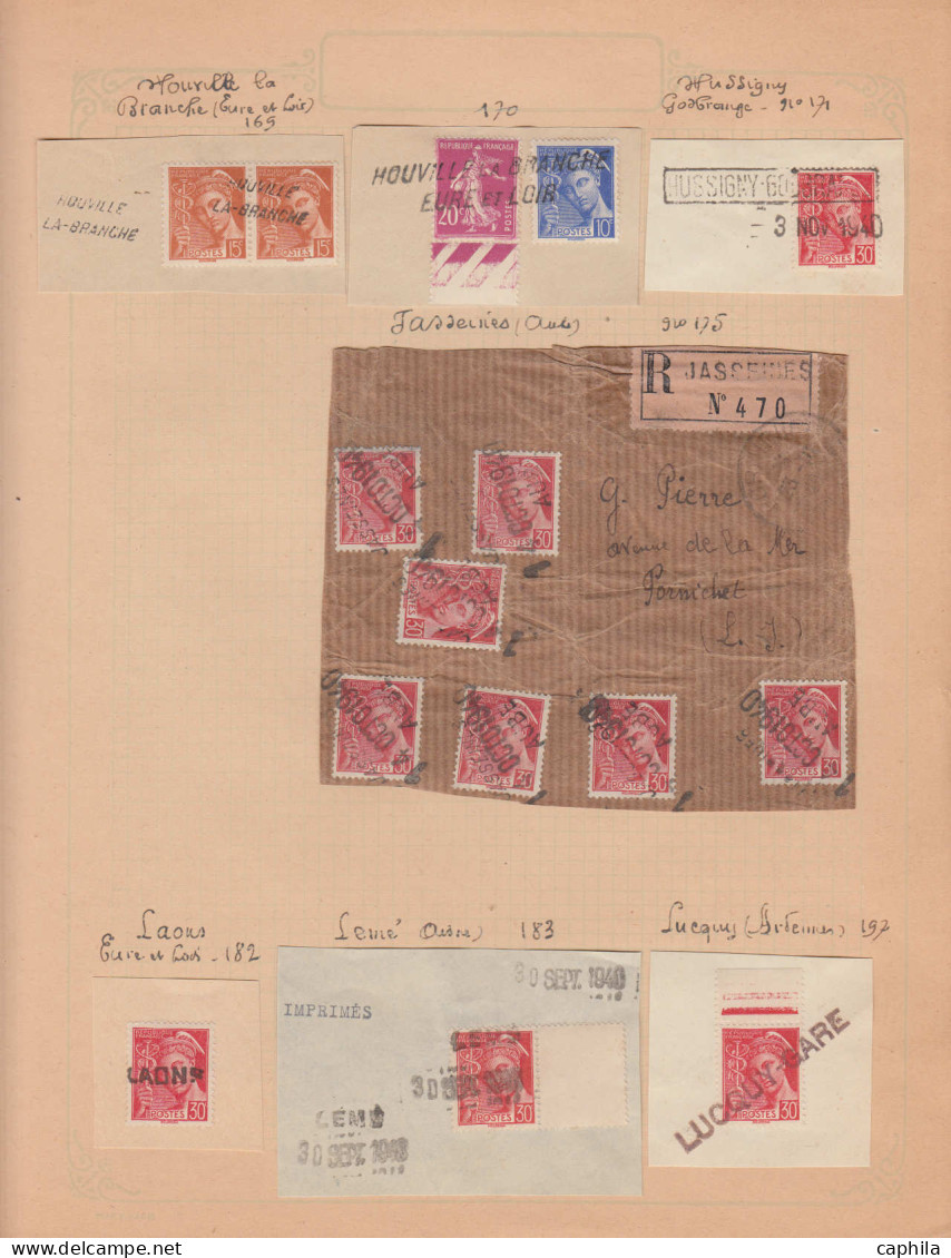 O FRANCE - Guerre - Oblitérations de fortune 1940, collection de 85 pièces civiles (1 lettre), sur fragments, classées p