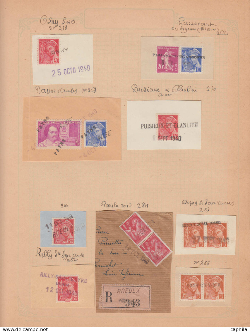 O FRANCE - Guerre - Oblitérations de fortune 1940, collection de 85 pièces civiles (1 lettre), sur fragments, classées p