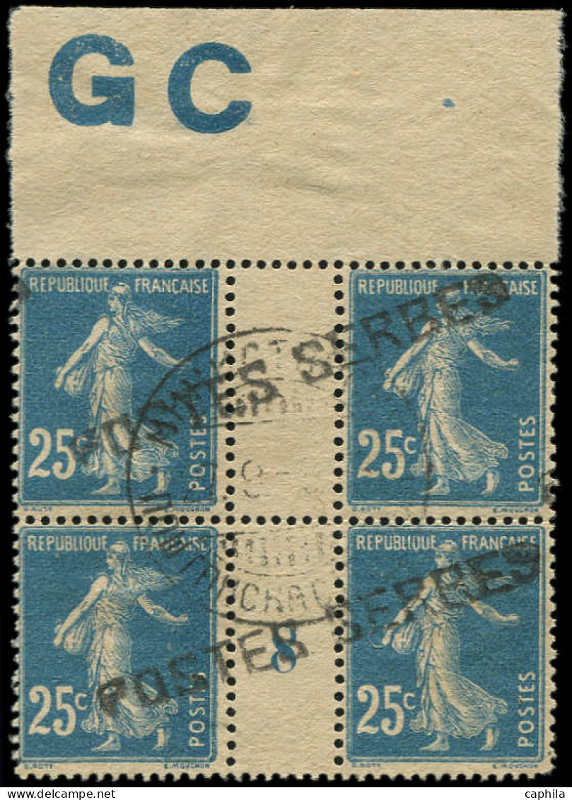 O FRANCE - Postes Serbes - 8, Bloc De 4, Millésime "8" Manchette GC: 25c. Semeuse Bleu - Guerre (timbres De)