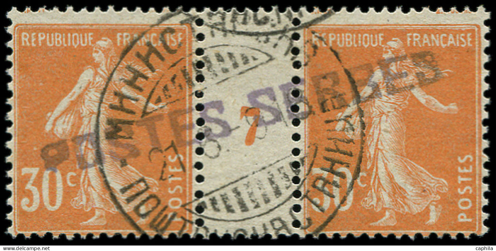O FRANCE - Postes Serbes - 9, Paire Millésime "7", Papier Blanc: 30c. Semeuse Orange - War Stamps
