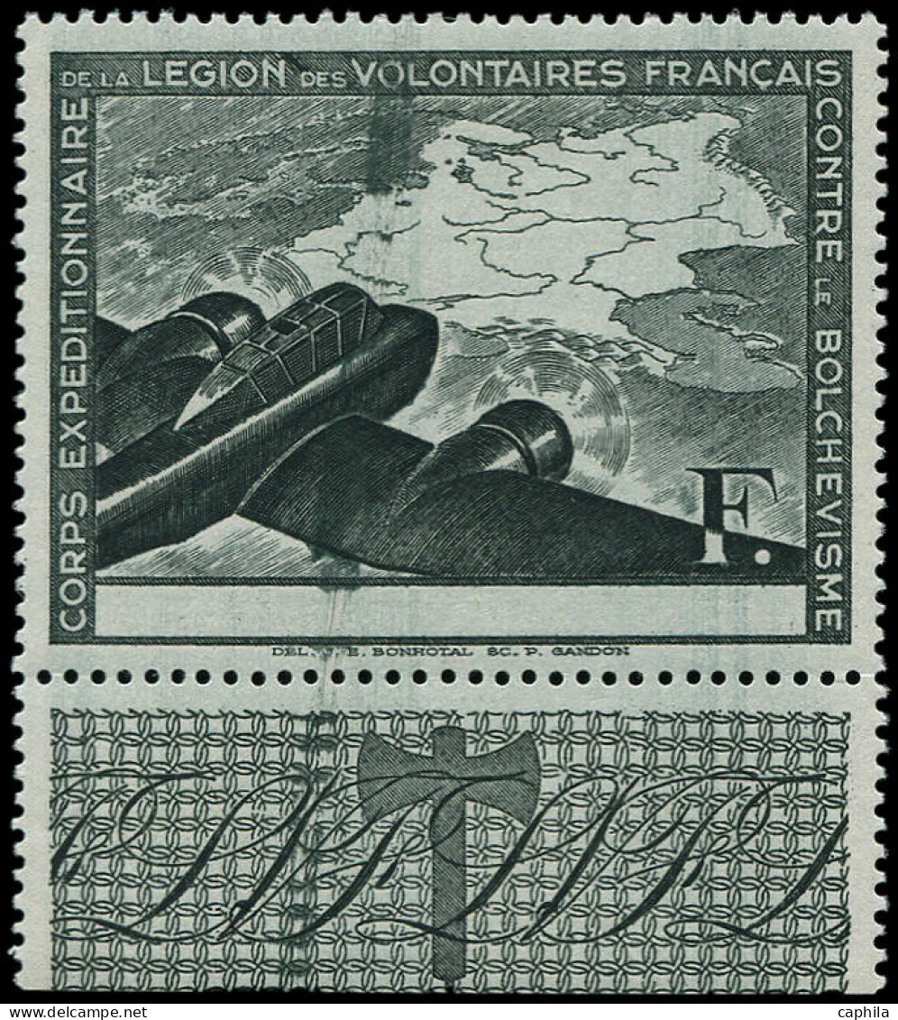 * FRANCE - Guerre LVF - 2, Légende Absente + Trainée De Couleur (Spink) - War Stamps