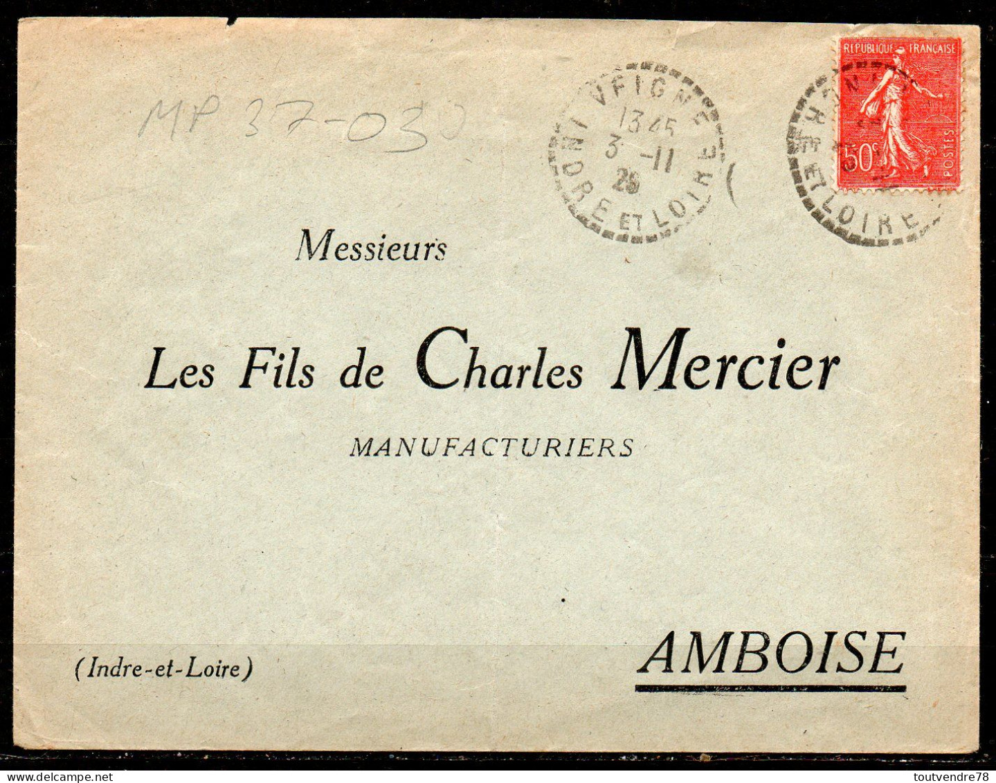 MP37-03 : Dept 37 (Indre Et Loire) VEIGNE 1928 > Cachet Type B4 - Cachets Manuels