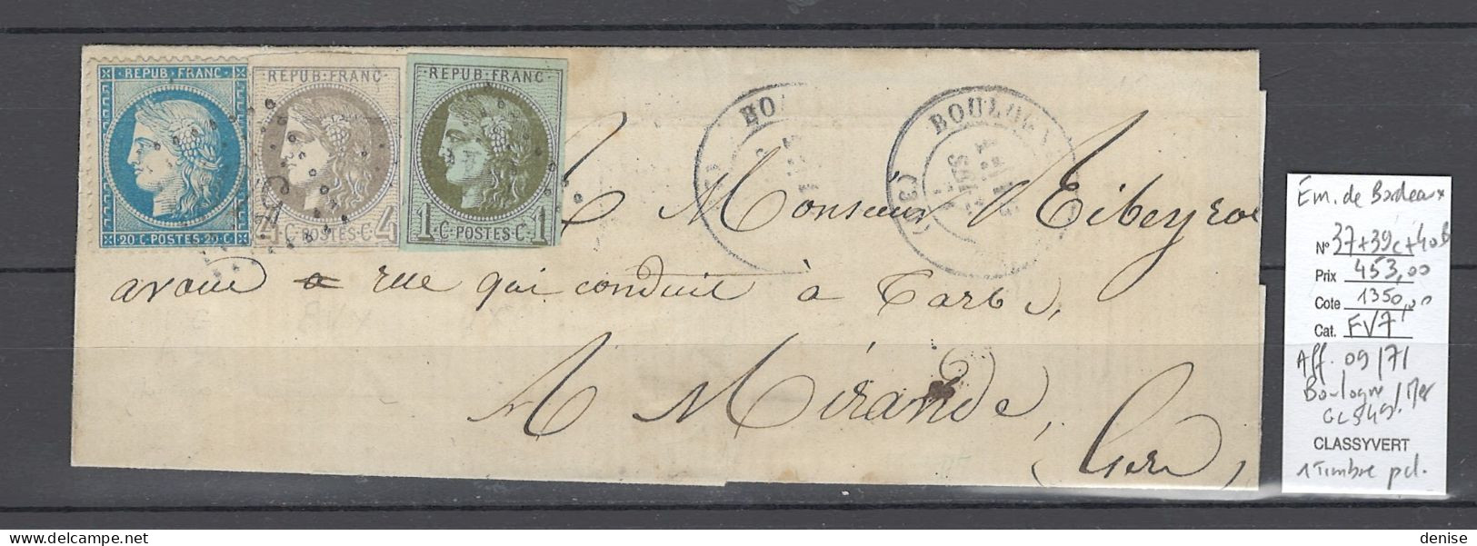 France - Lettre - Affranchissement 09/71 - Boulogne /mer - Emission De Bordeaux - 1849-1876: Klassieke Periode