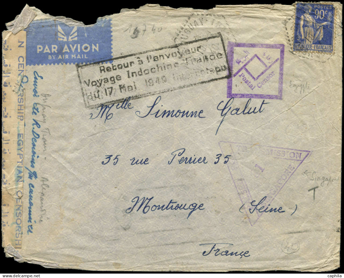 LET FRANCE - 1° Vols - 17/05/40, France/Indochine, Voyage Interrompu Pour Faits De Guerre, Enveloppe Censurée - Erst- U. Sonderflugbriefe