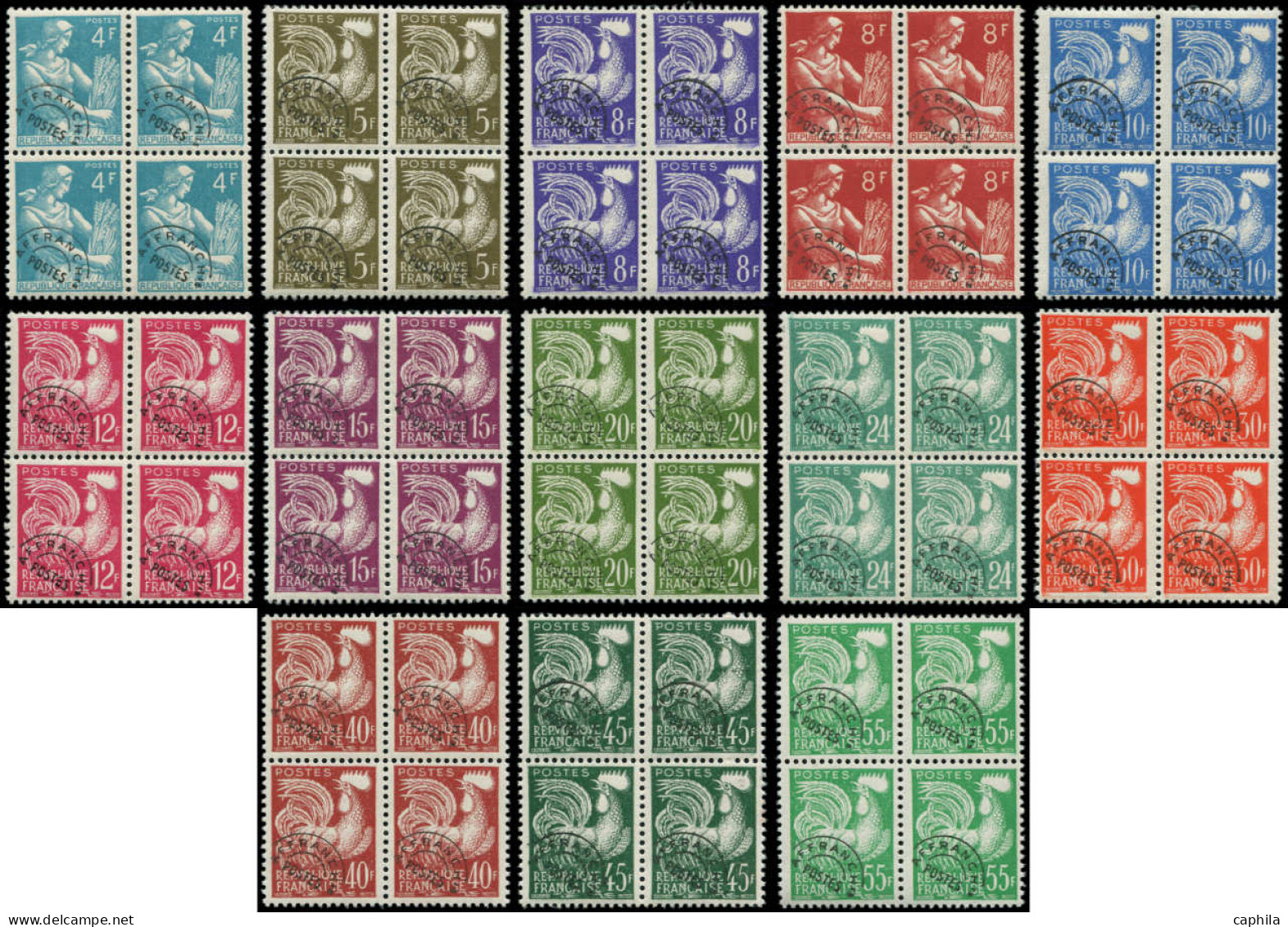 ** FRANCE - Préoblitérés - 106/18, Série Complète De 13 Blocs De 4: Coq Et Moissonneuse - 1953-1960