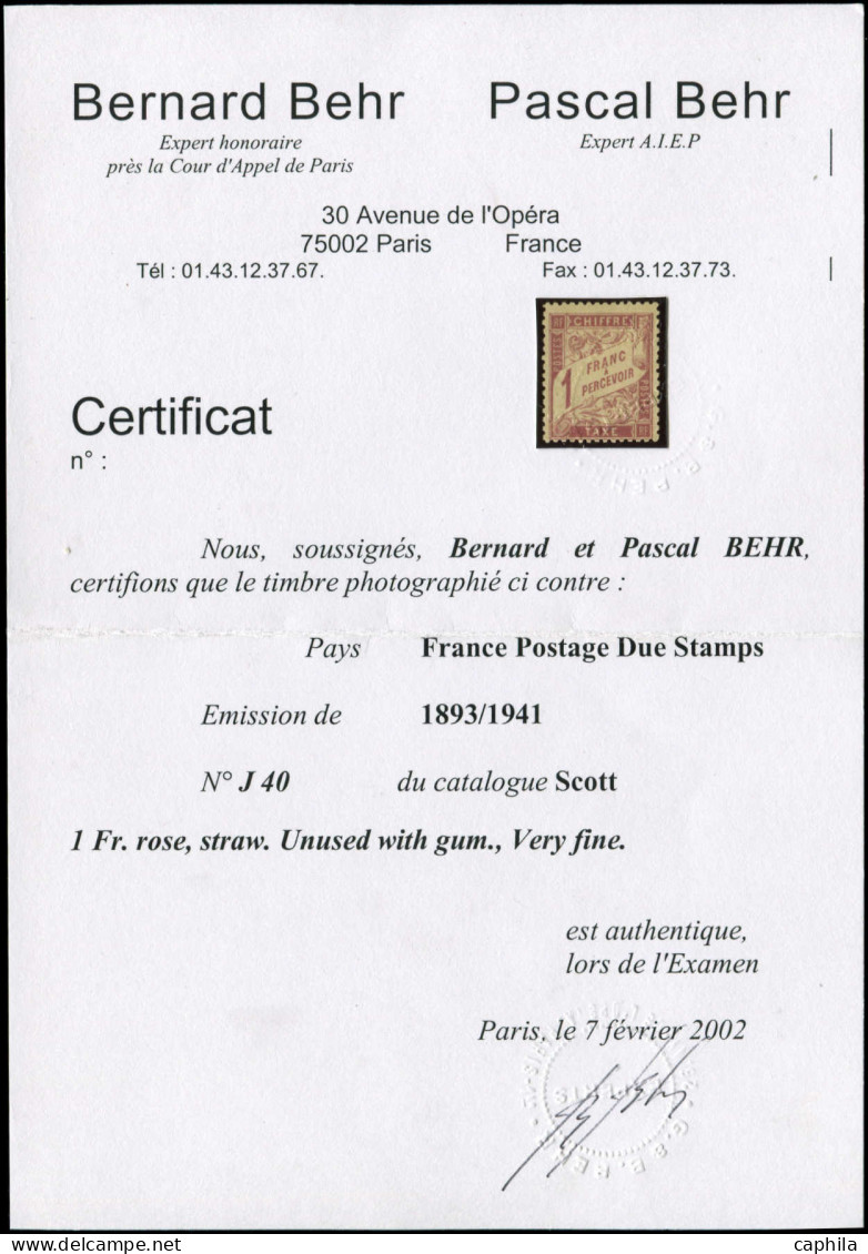 * FRANCE - Taxe - 39, Certificat Behr: 1f. Rose S. Paille - 1859-1959 Mint/hinged