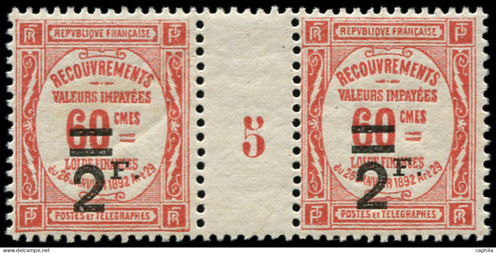 ** FRANCE - Taxe - 54, Paire Millésime "5": 2f. S. 60c. Rouge - 1859-1959 Nuevos