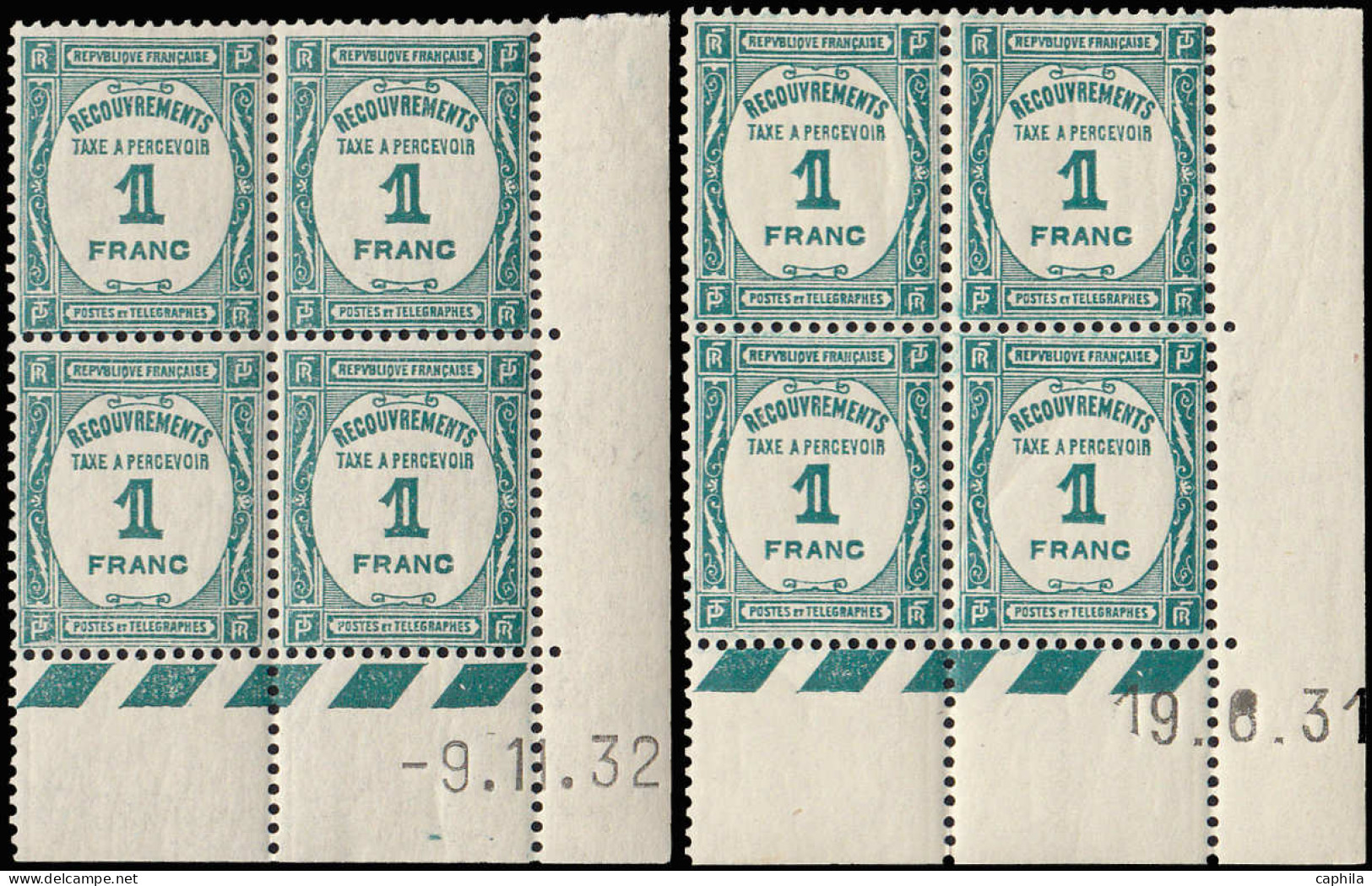** FRANCE - Taxe - 60, 2 Blocs De 4, Cd 19/6/31 & 9/11/32: 1f. Bleu - 1859-1959.. Ungebraucht
