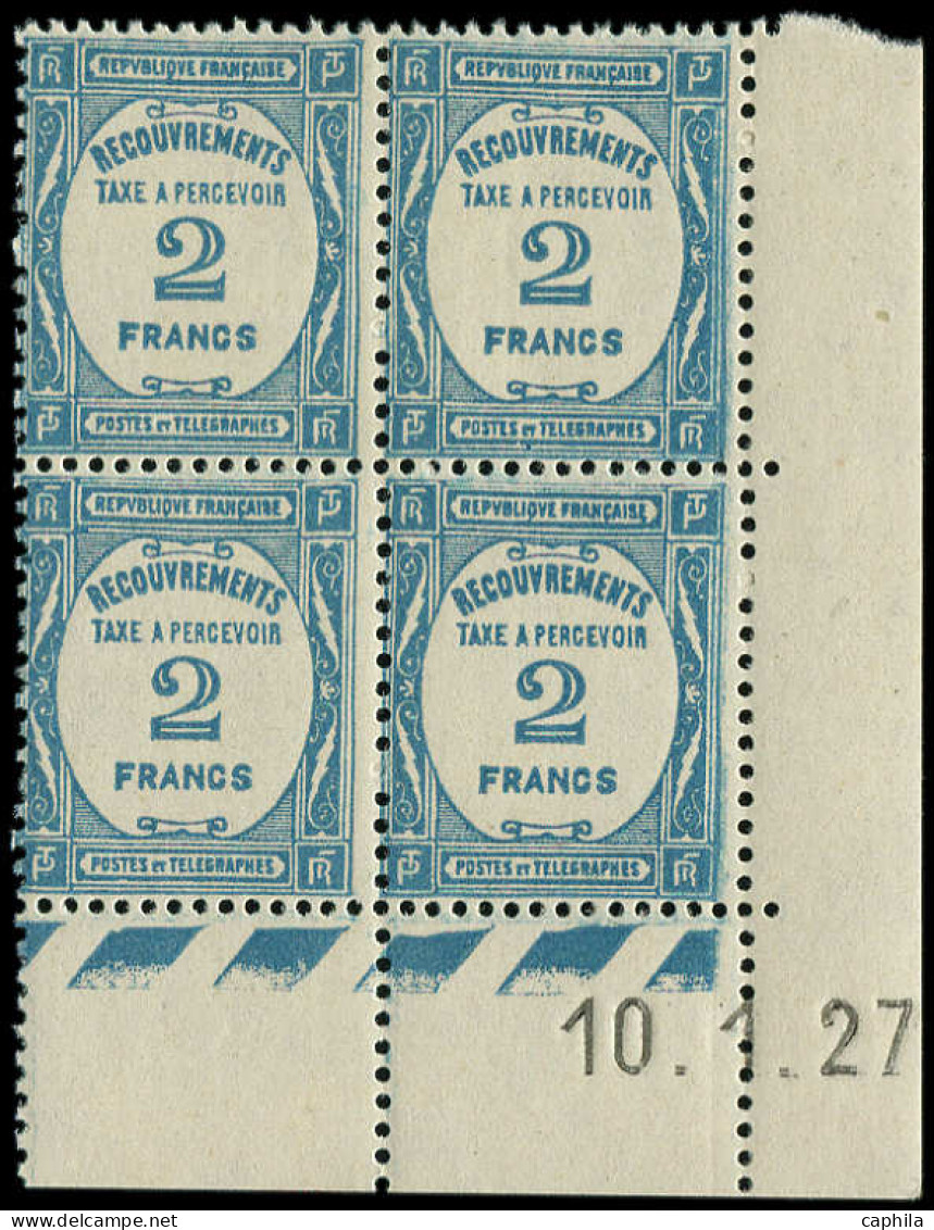 ** FRANCE - Taxe - 61, Bloc De 4, Cd 10/1/27: 2f. Bleu - 1859-1959 Neufs