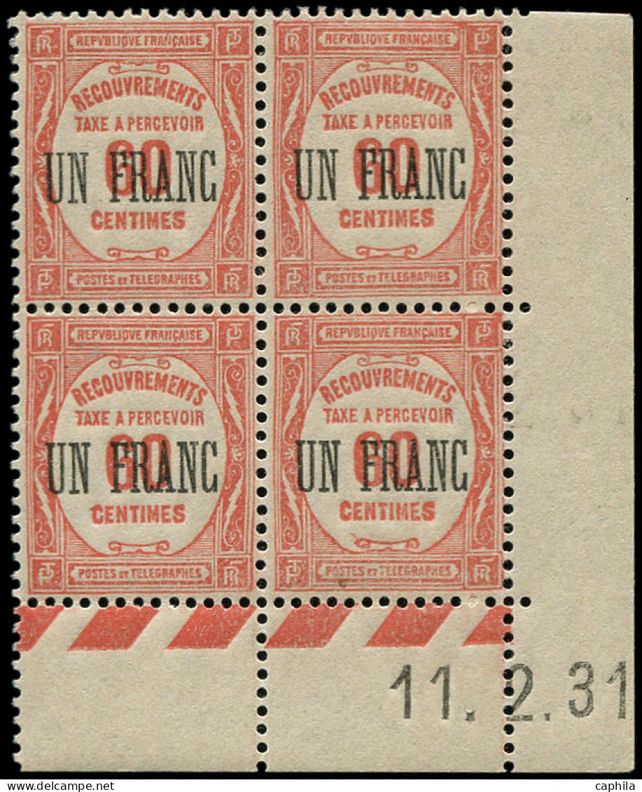 ** FRANCE - Taxe - 63, Bloc De 4 Coin Daté 11/02/1931: Un Franc S. 60c. Rouge - 1859-1959.. Ungebraucht