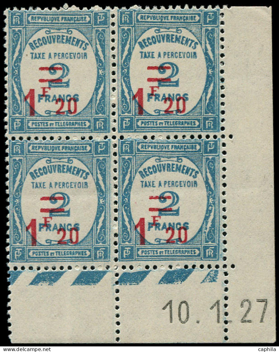 ** FRANCE - Taxe - 64, Bloc De 4 Coin Daté 10/01/1927: 1.20f. S. 2f. Bleu - 1859-1959 Mint/hinged