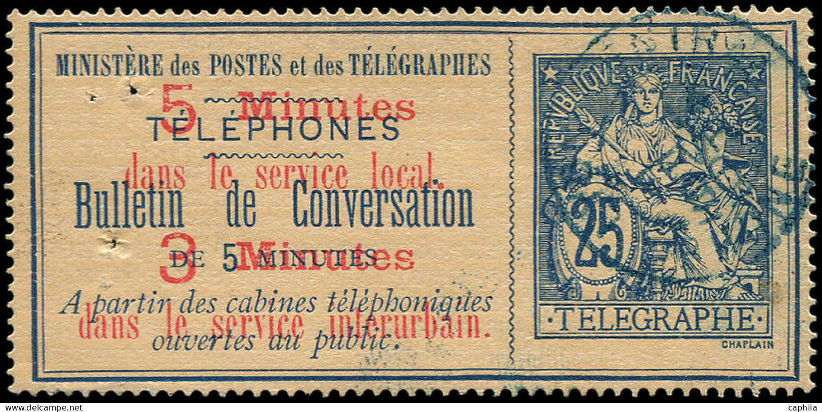 O FRANCE - Téléphone - 12, Signé Scheller (trous D'épingle): 25c. Bleu S. Chamois, Surchargé - Telegraph And Telephone