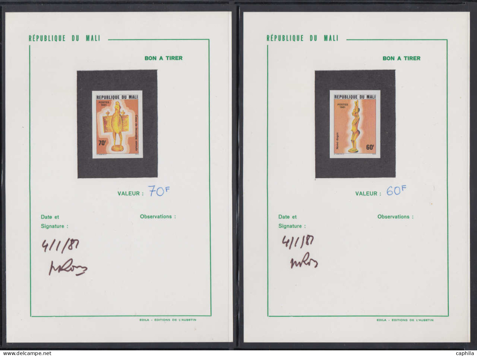 BAT COLONIES FRANCAISES - Epreuves d'Artiste - Collection de 69 bons à tirer, tous signés et datés (période 1980/88, Afr