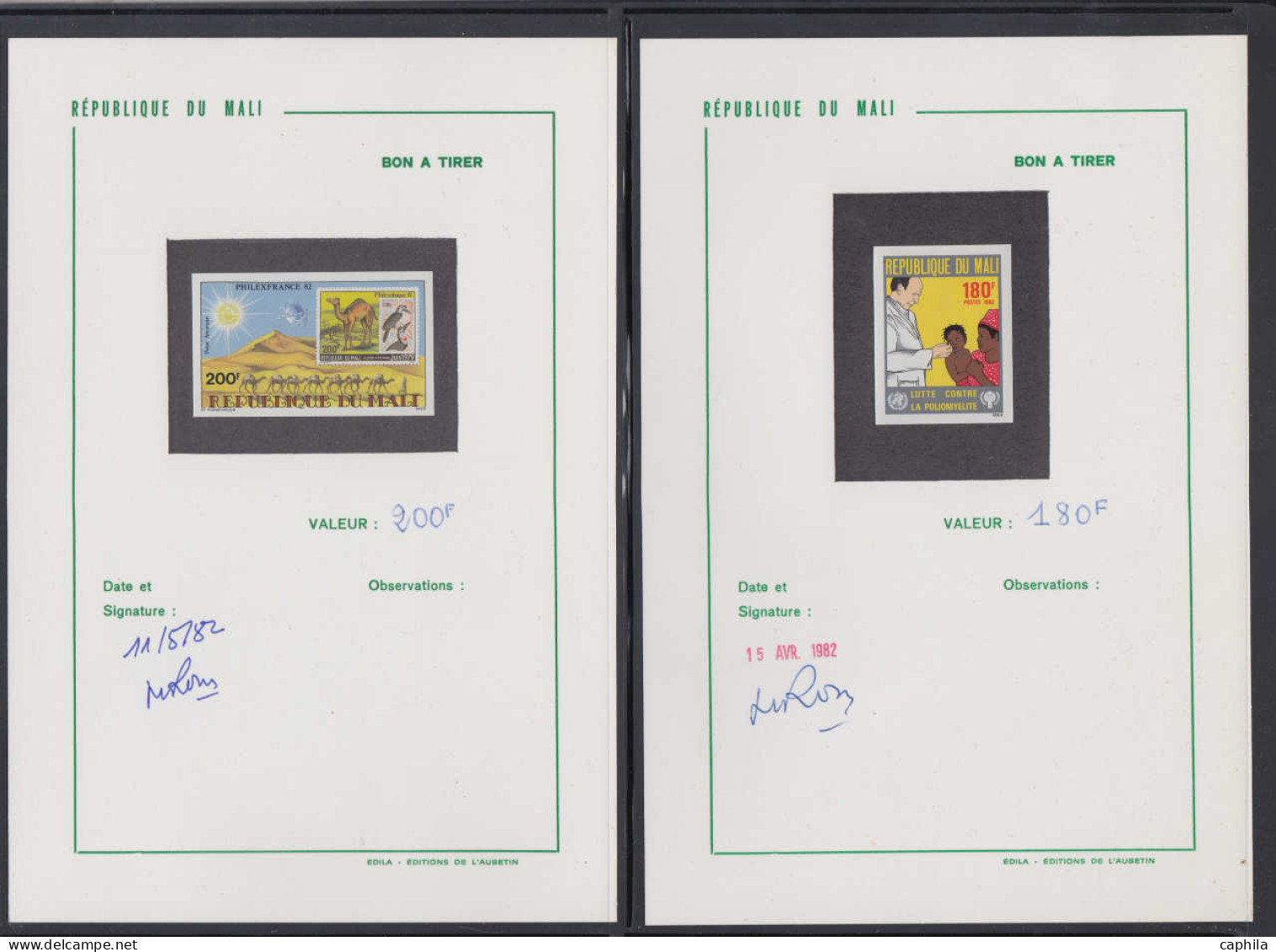 BAT COLONIES FRANCAISES - Epreuves d'Artiste - Collection de 69 bons à tirer, tous signés et datés (période 1980/88, Afr