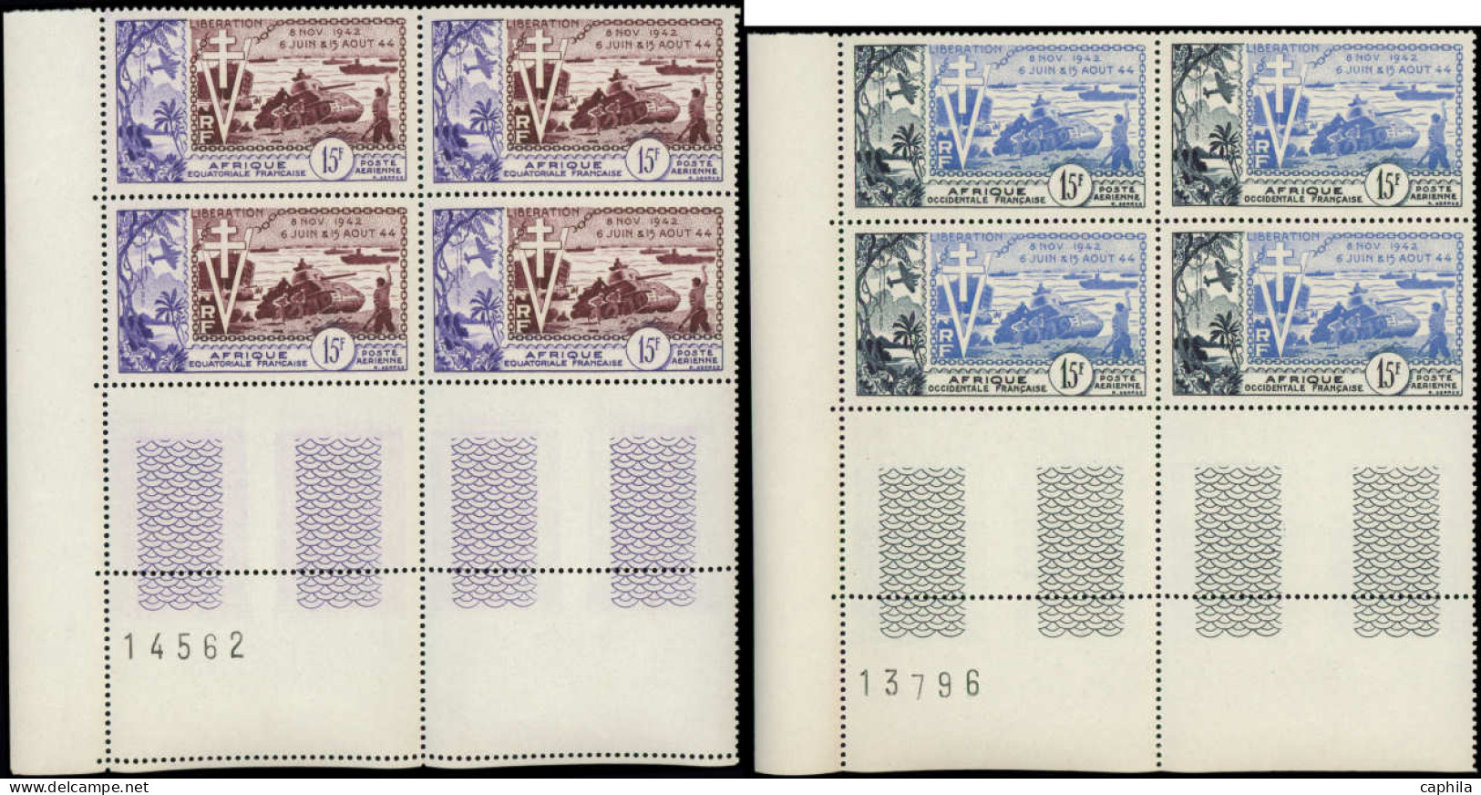 ** COLONIES SERIES - Poste Aérienne - 1954, 10ème Anniversaire De La Libération, 12 Blocs De 4 Cdf Avec N° - 1954 10e Anniversaire De La Libération