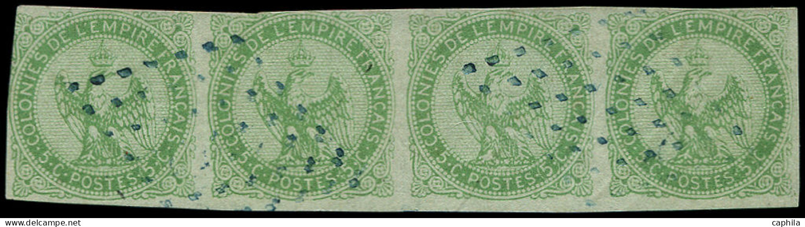 O COLONIES GENERALES - Poste - 2, Bande De 4 Losange Muet Bleu 49pts, Signé Thiaude, 1 Exemplaire Court (Maury): 5c. Ver - Eagle And Crown