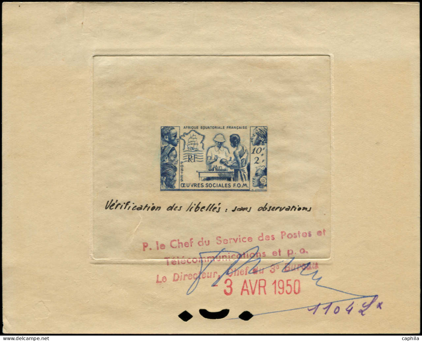 EPT AFRIQUE EQUATORIALE - Poste - 227, épreuve D'atelier, Bon à Tirer En Bleu (1104), Datée Et Signée 03/04/1950: Œuvres - Unused Stamps